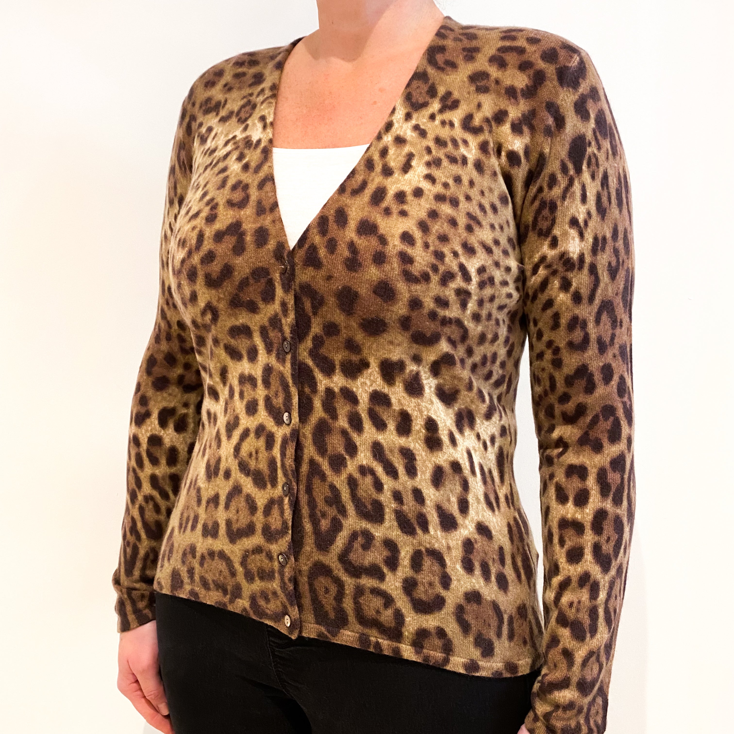 Brown Leopard Print Cashmere V-Neck Cardigan Large