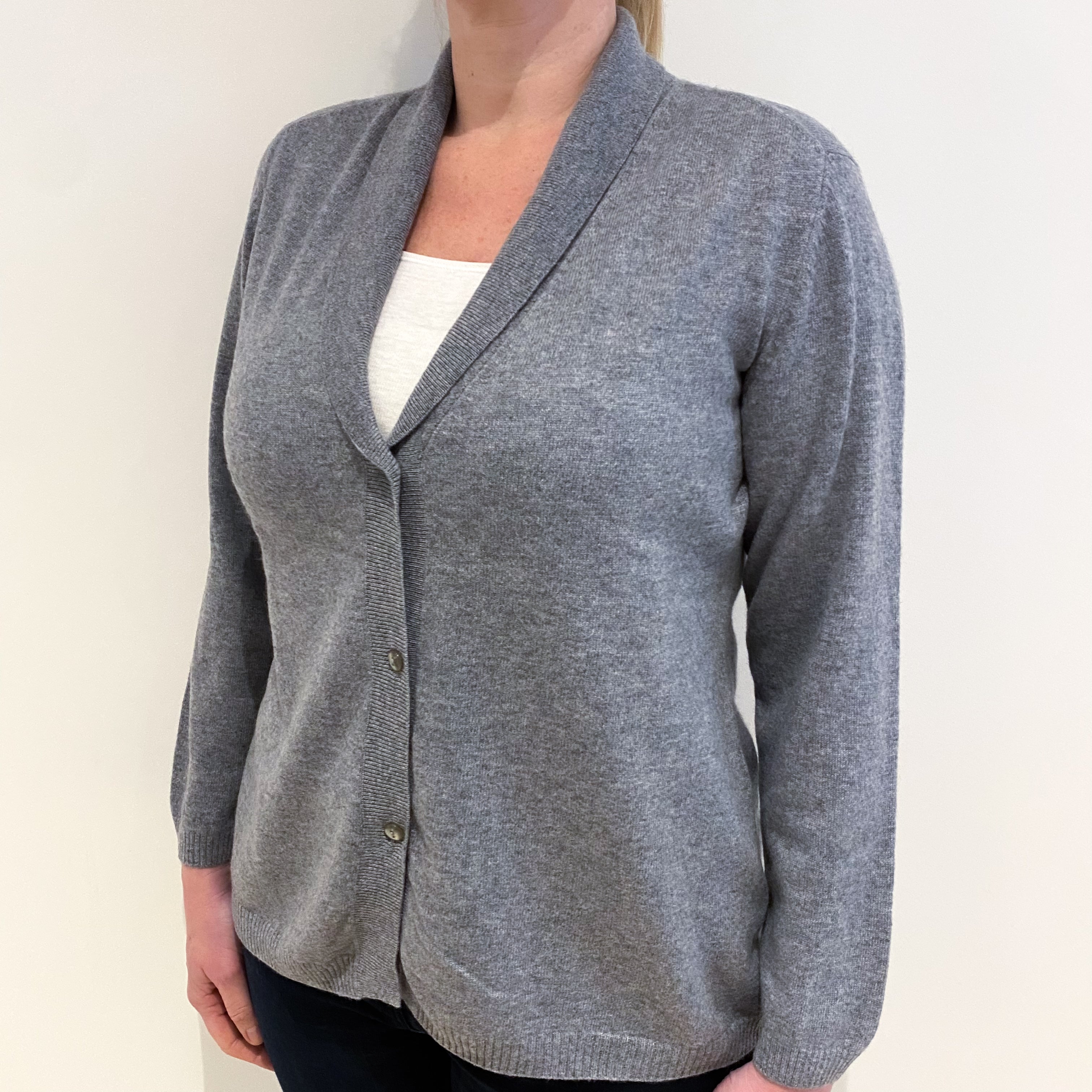 Ash Grey Cashmere Shawl Collar V Neck Cardigan Large