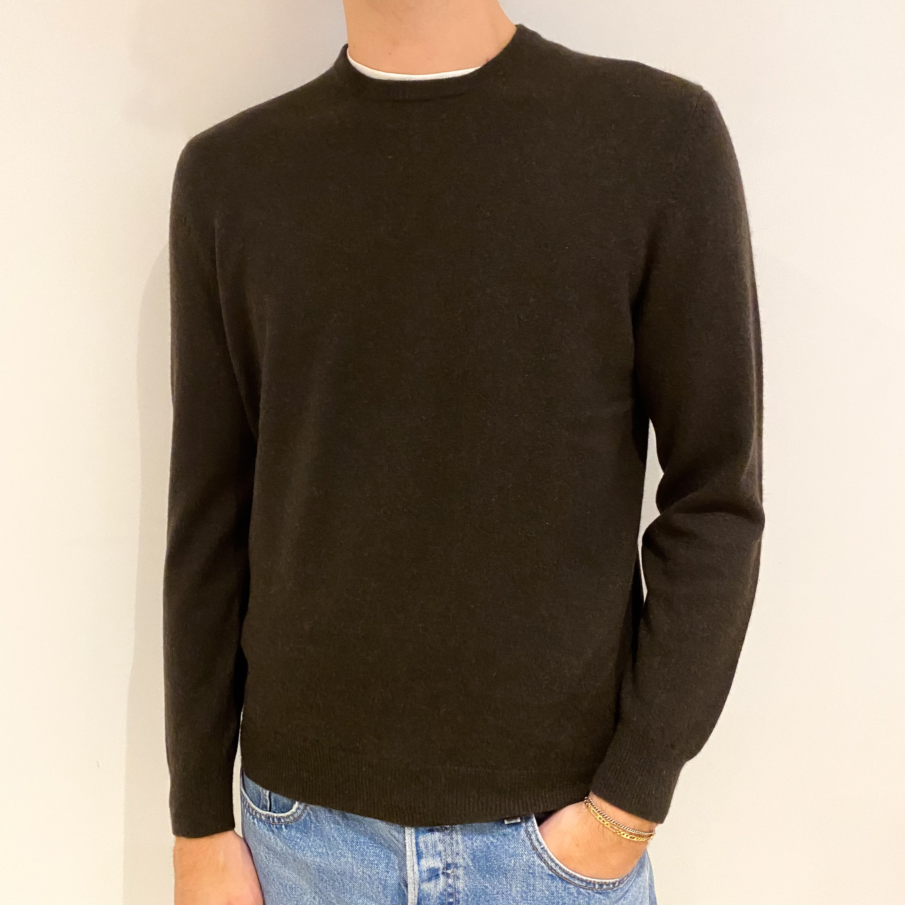Men's Mole Brown Cashmere Crew Neck Jumper Medium
