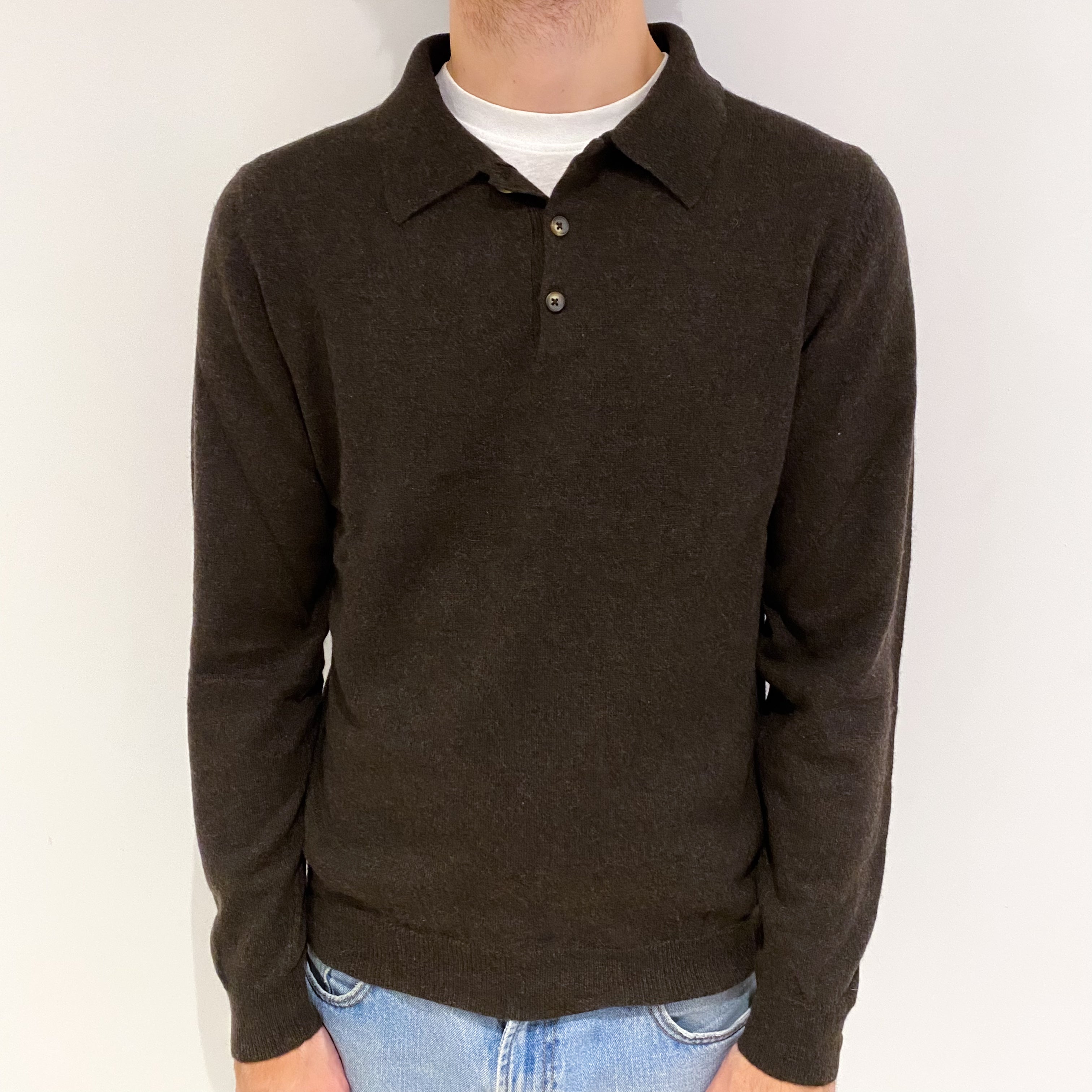 Men's Chocolate Brown Cashmere Collared V Neck Jumper Medium