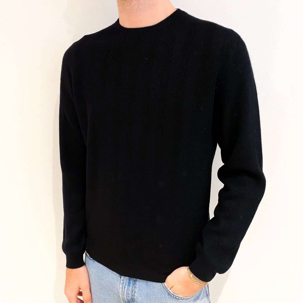 Men's Black Rib Cashmere Crew Neck Jumper Medium