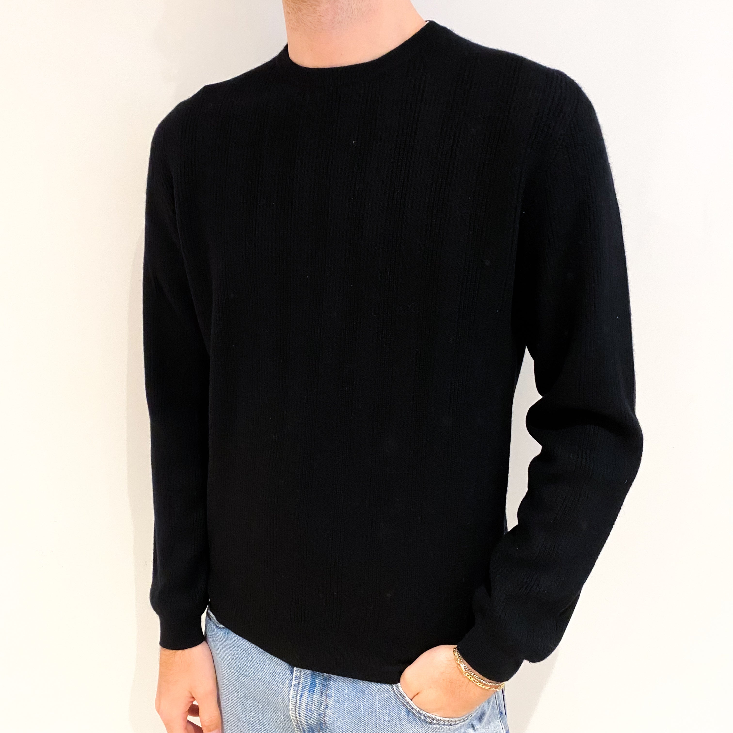 Men's Black Rib Cashmere Crew Neck Jumper Medium