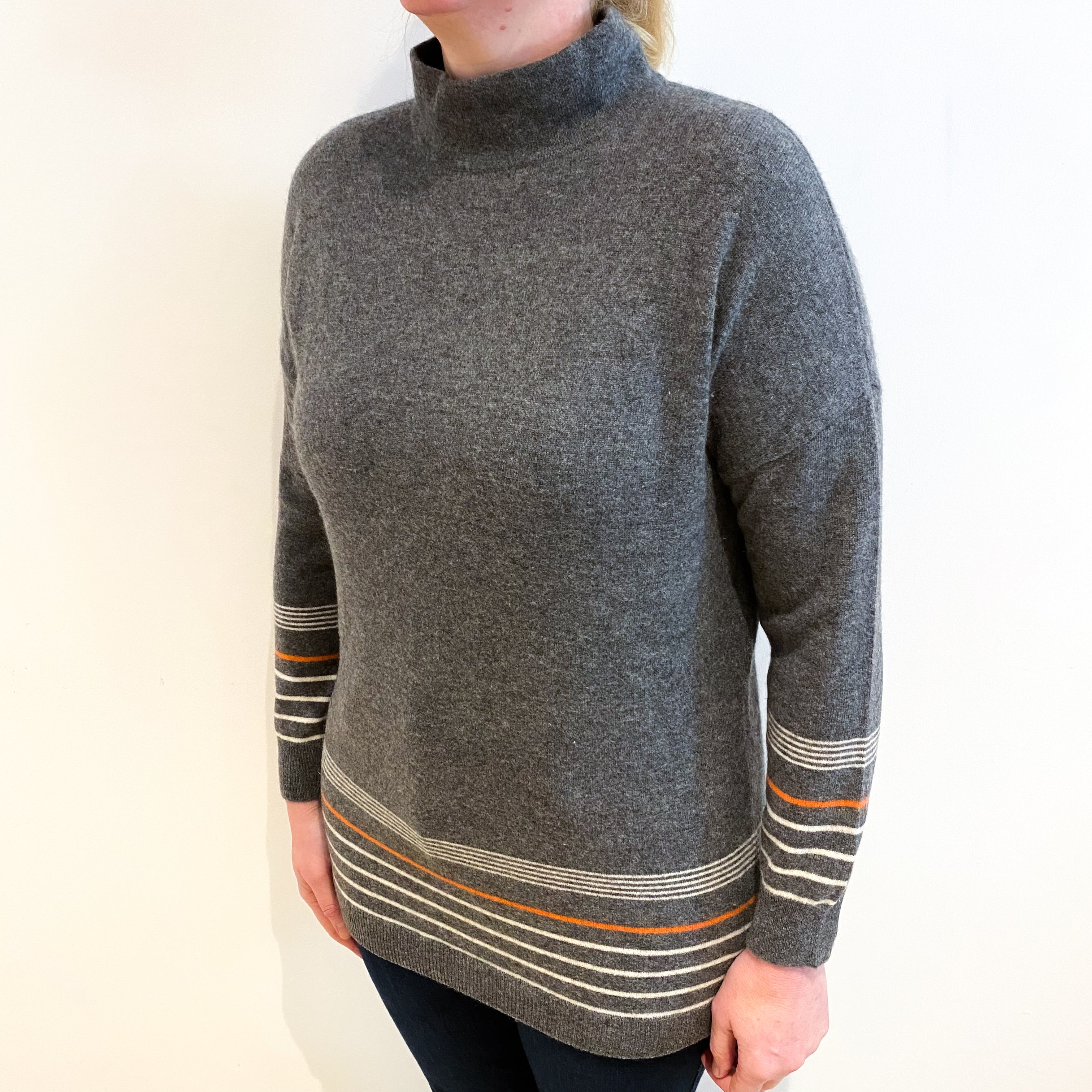 Slate Grey Cashmere Stripe Trim Turtle Neck Jumper Large