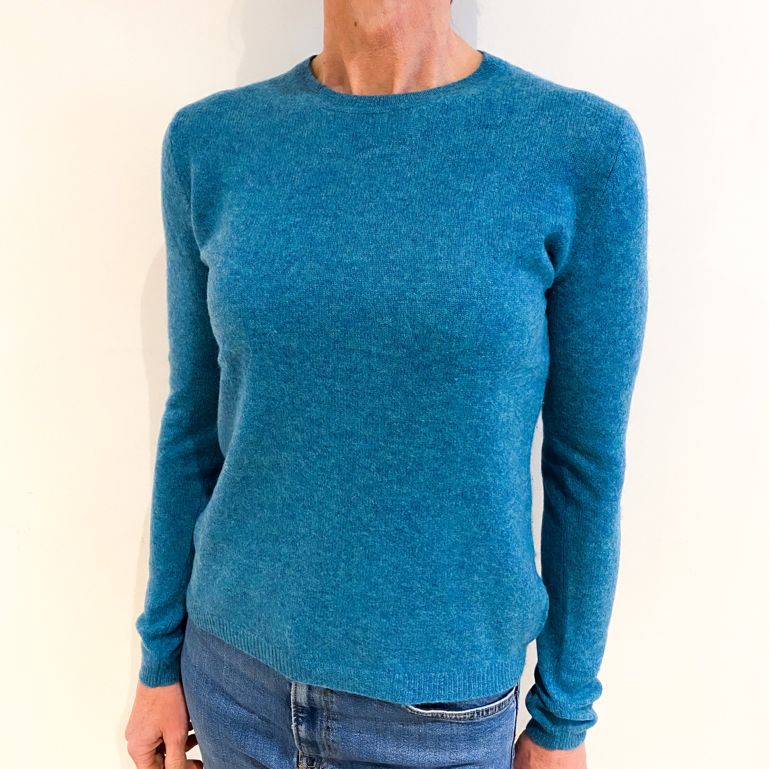 Aqua Blue Marl Cashmere Crew Neck Jumper Small