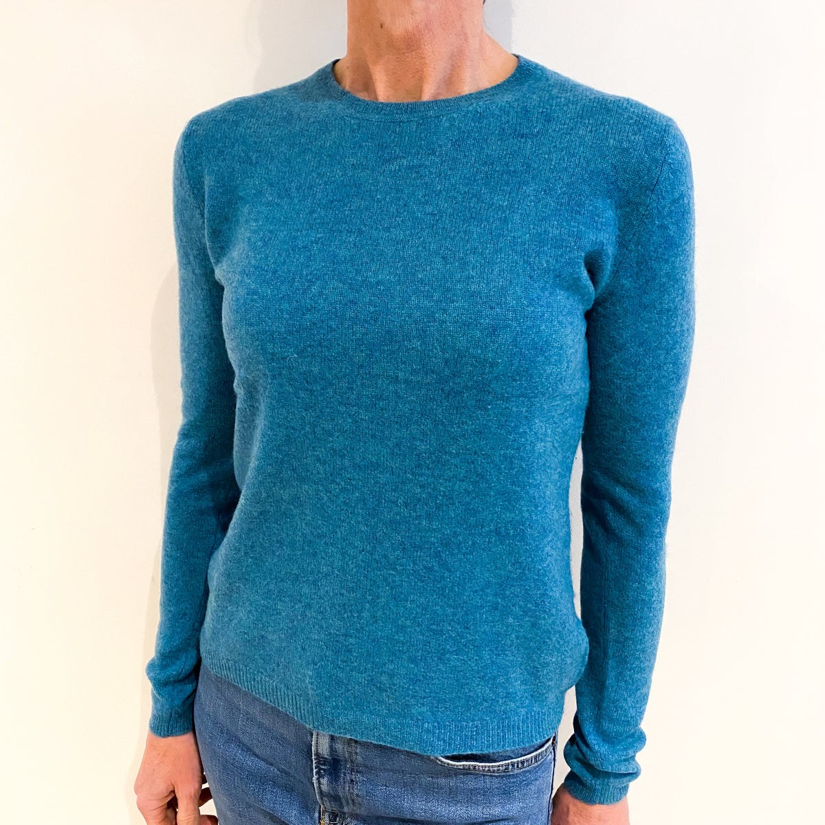 Aqua Blue Marl Cashmere Crew Neck Jumper Small