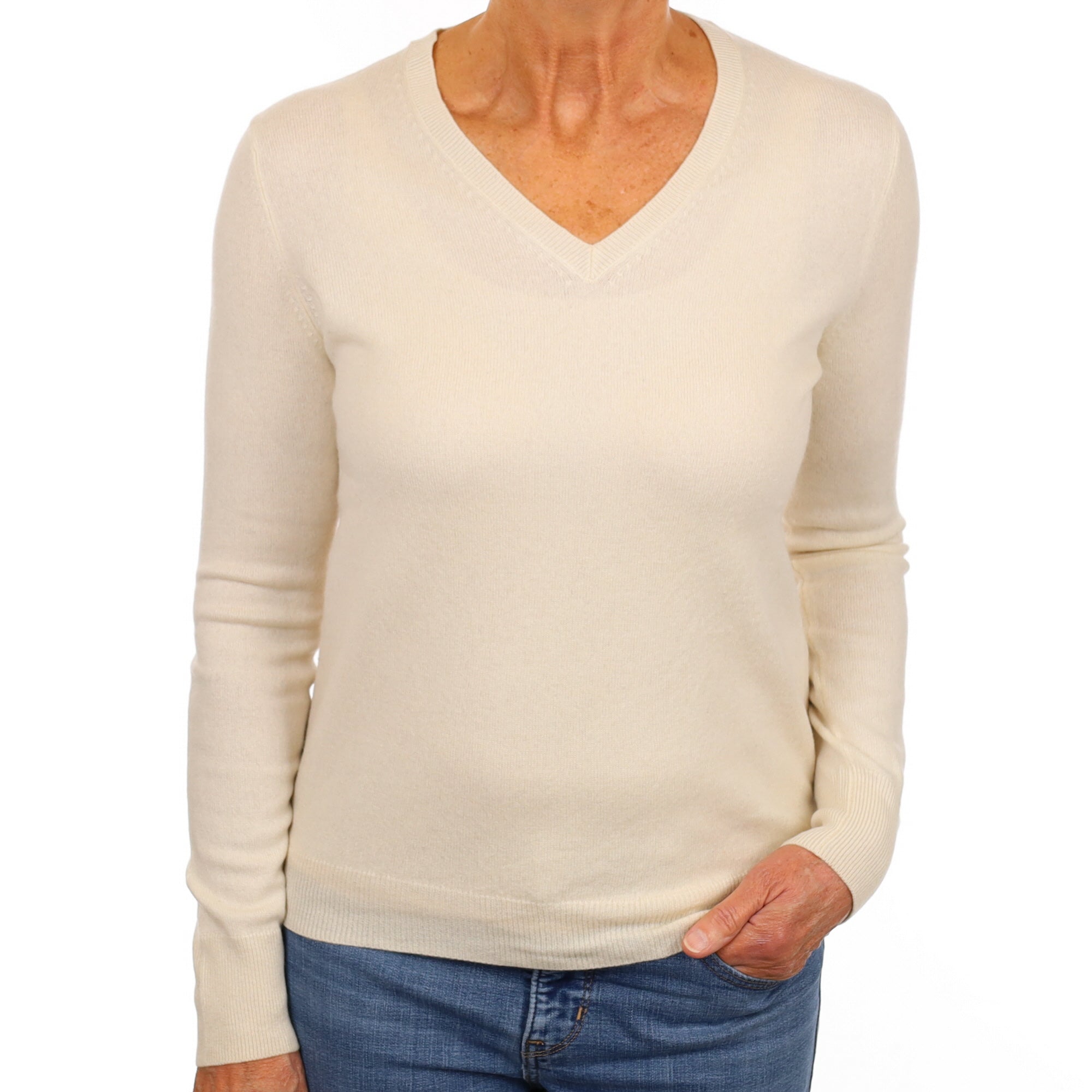 Vanilla Cream Cashmere V Neck Jumper Medium