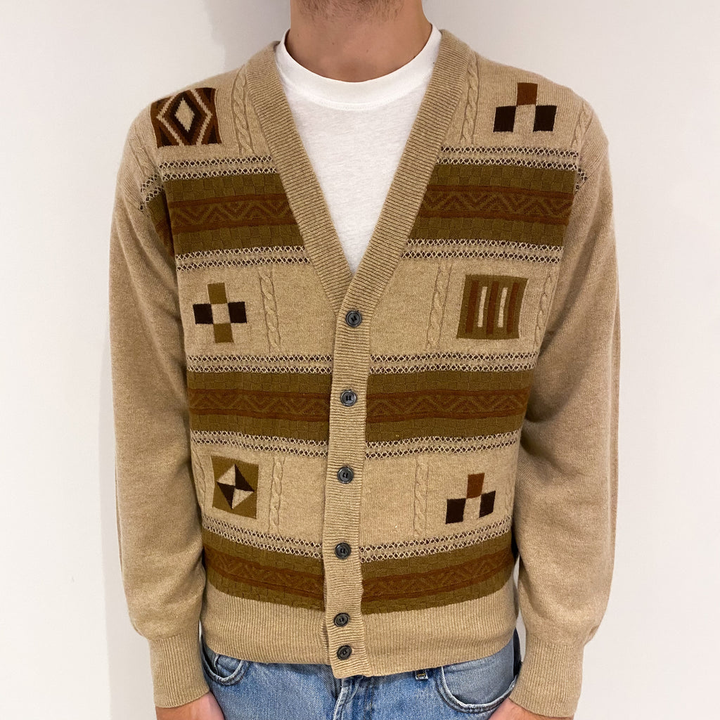 Men's Biscuit Brown Patchwork Cashmere V-Neck Cardigan Large
