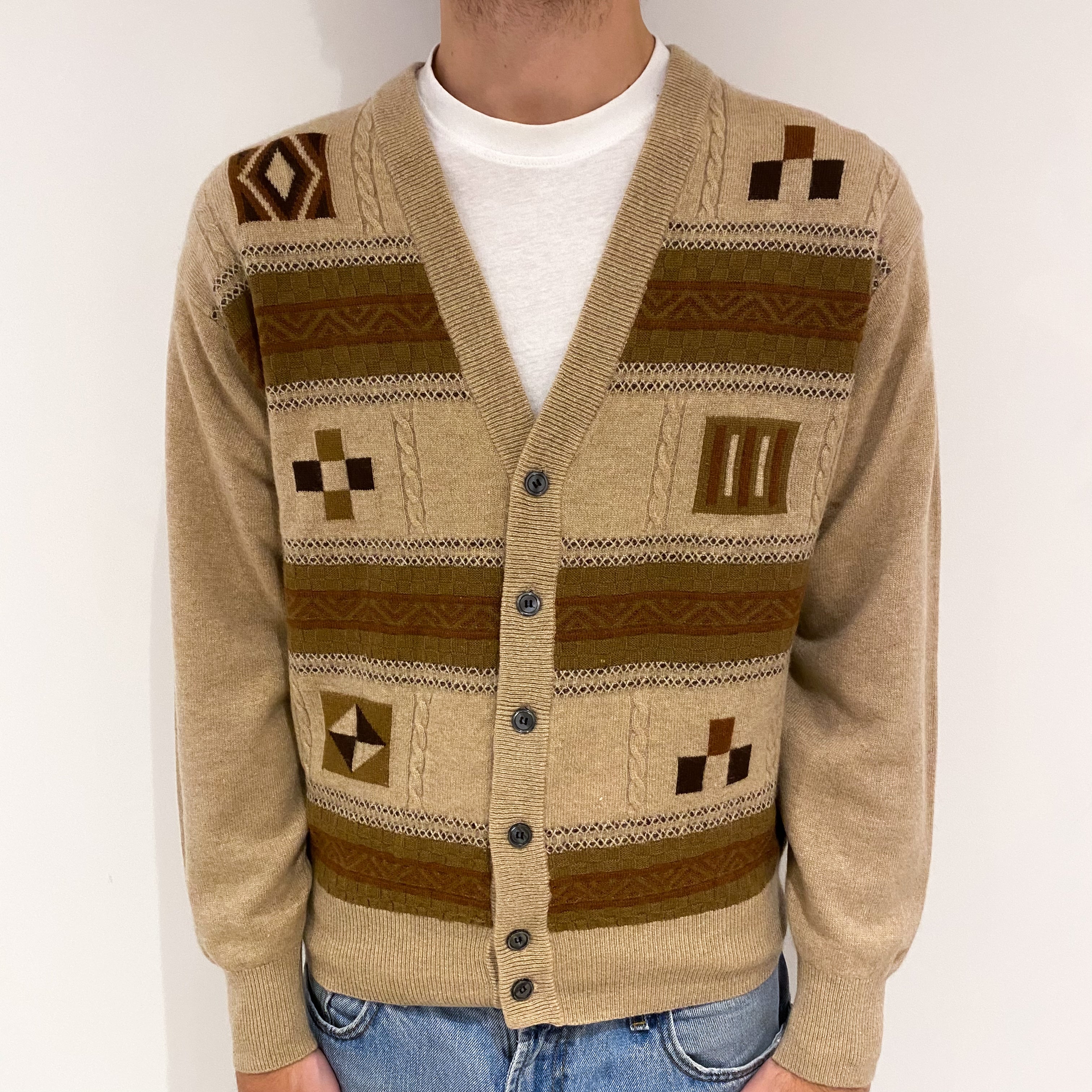 Men's Biscuit Brown Patchwork Cashmere V-Neck Cardigan Large