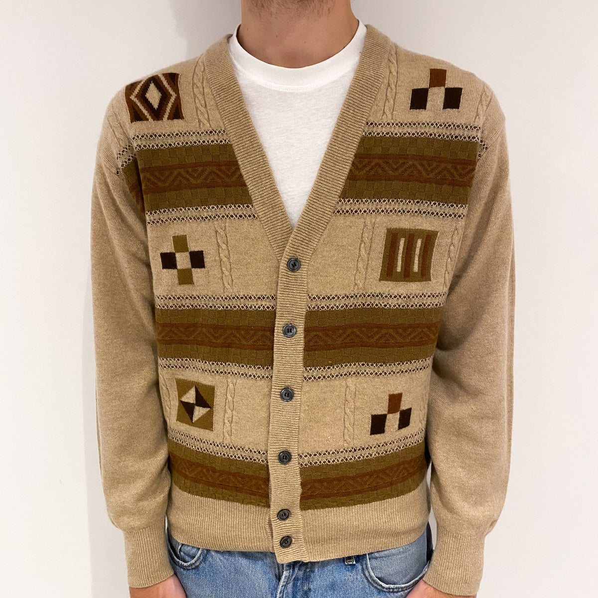 Men's Biscuit Brown Patchwork Cashmere V-Neck Cardigan Large