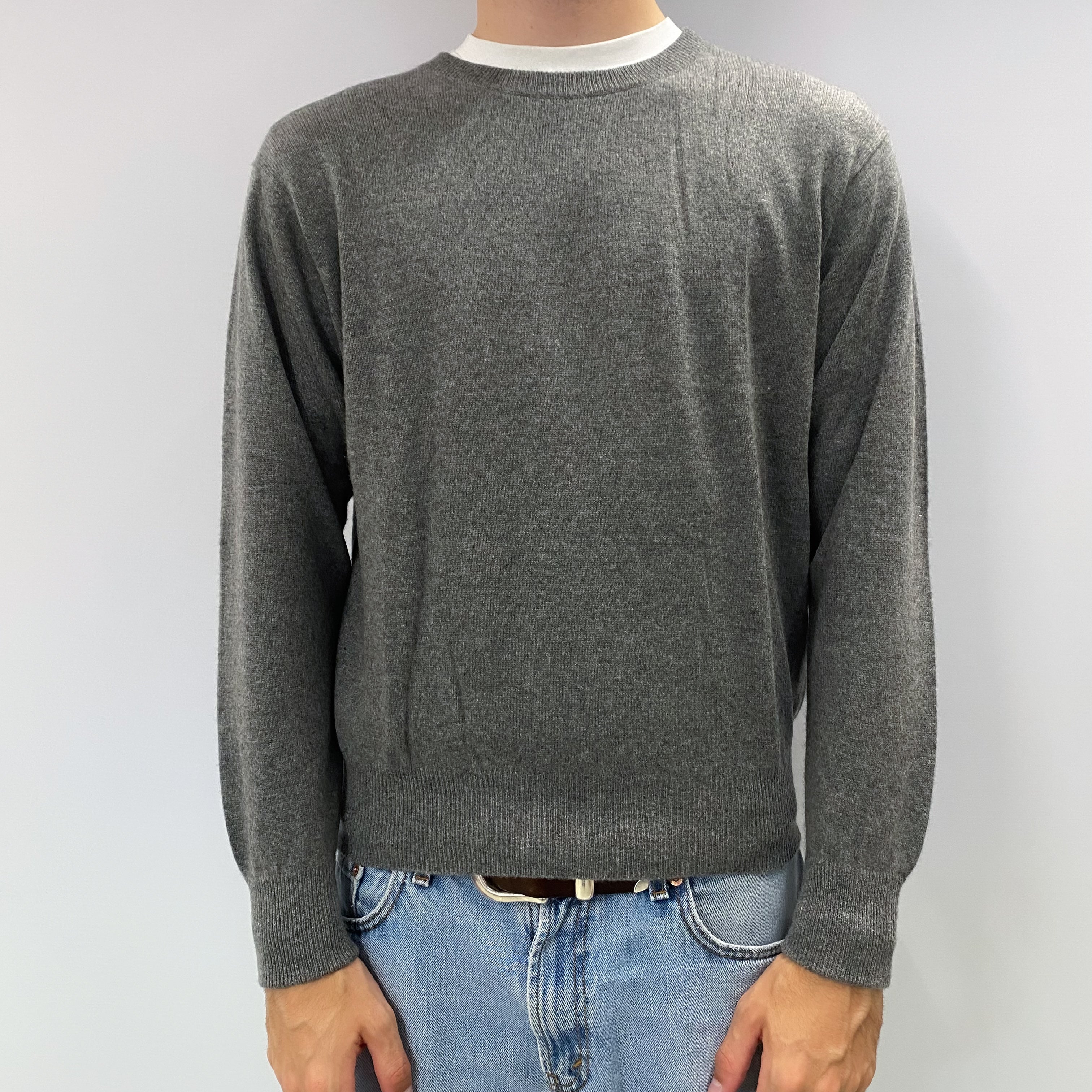 Men's Ash Grey Cashmere Crew Neck Jumper Large