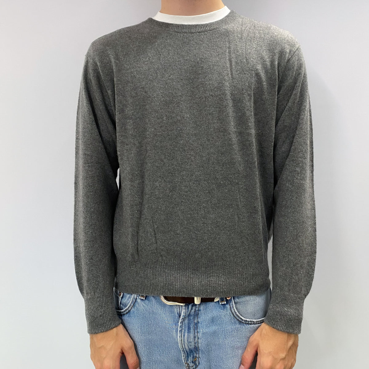 Men's Ash Grey Cashmere Crew Neck Jumper Large