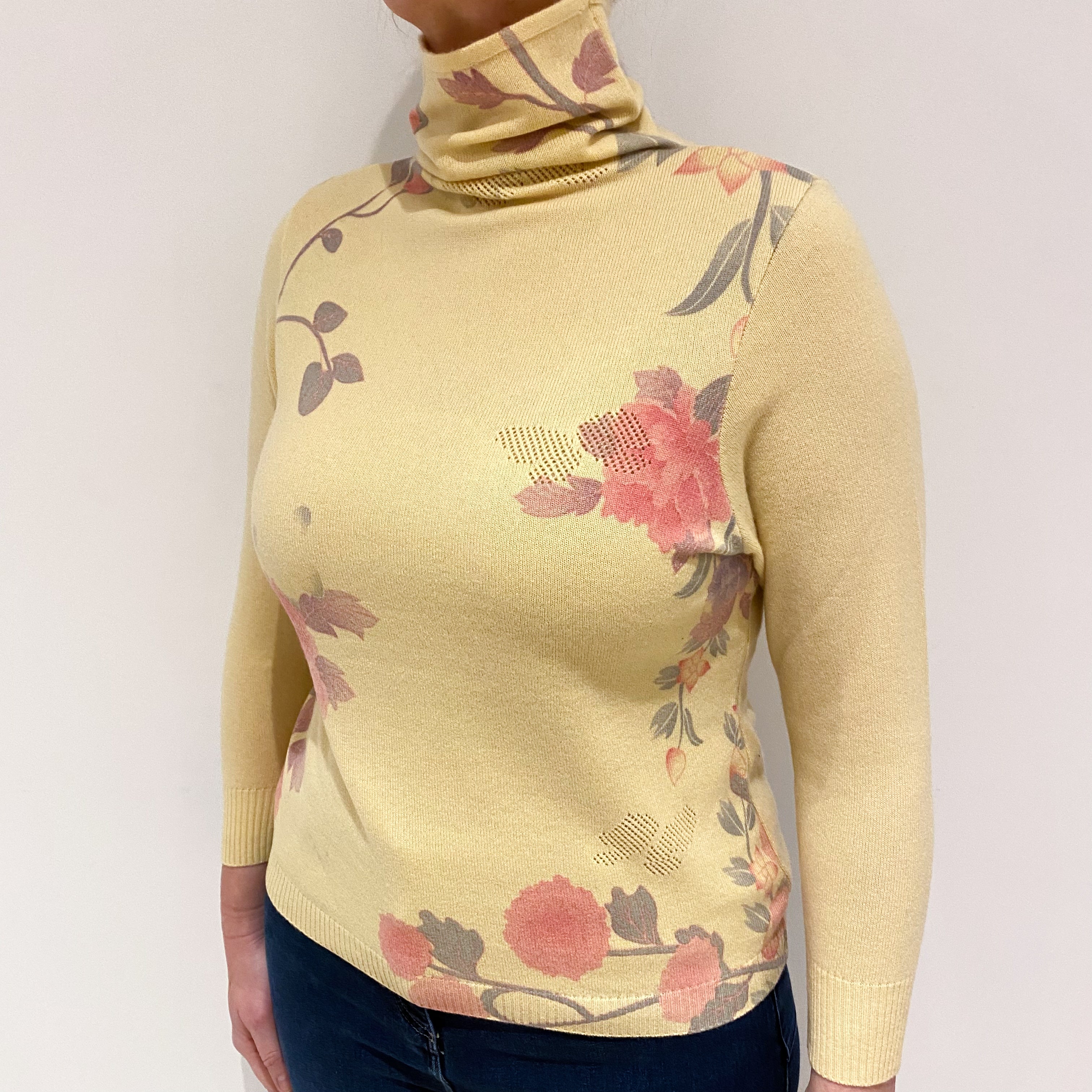 Buttermilk Yellow Floral Cashmere Funnel Neck Jumper Large