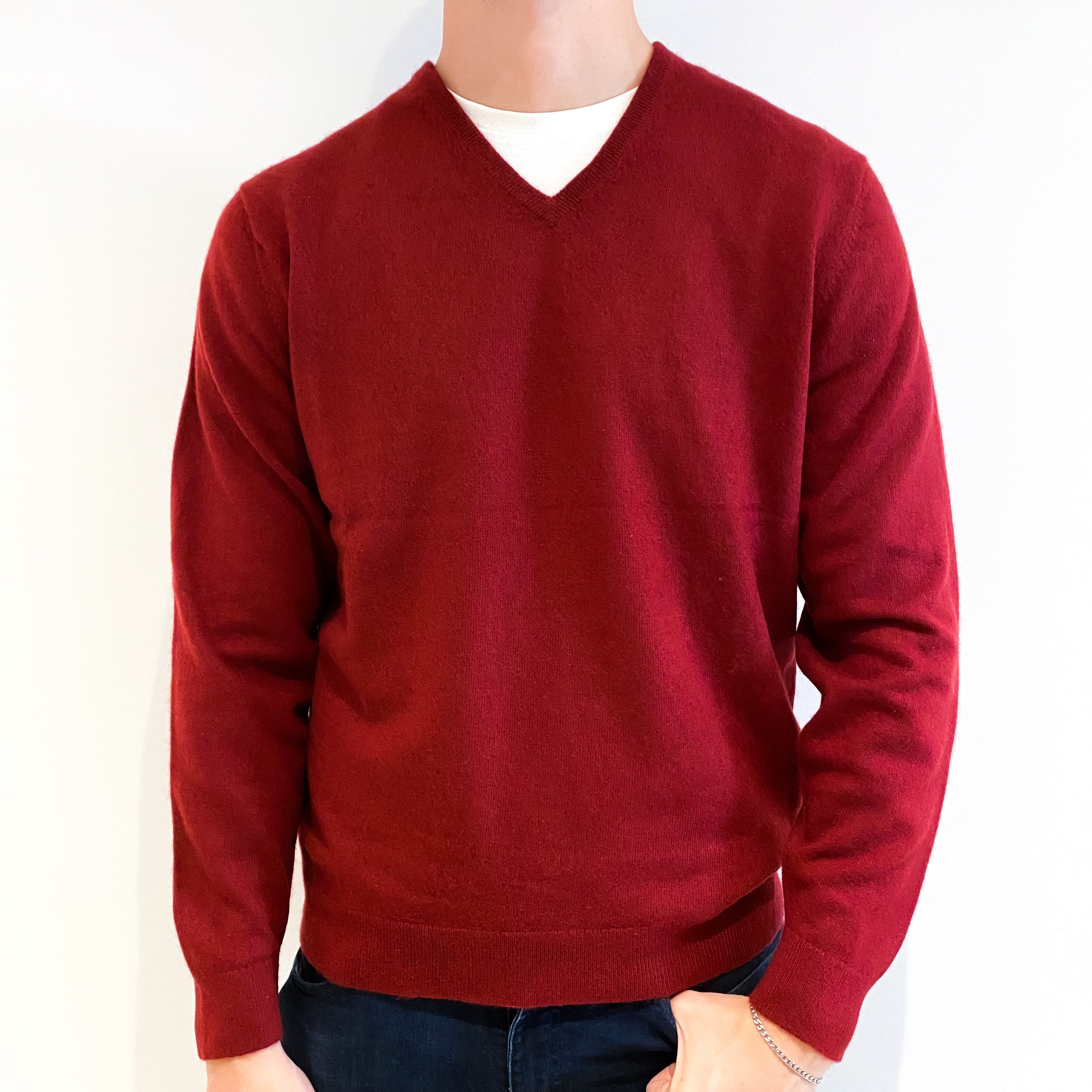 Men's Burgundy Red Cashmere V-Neck Jumper Extra Large