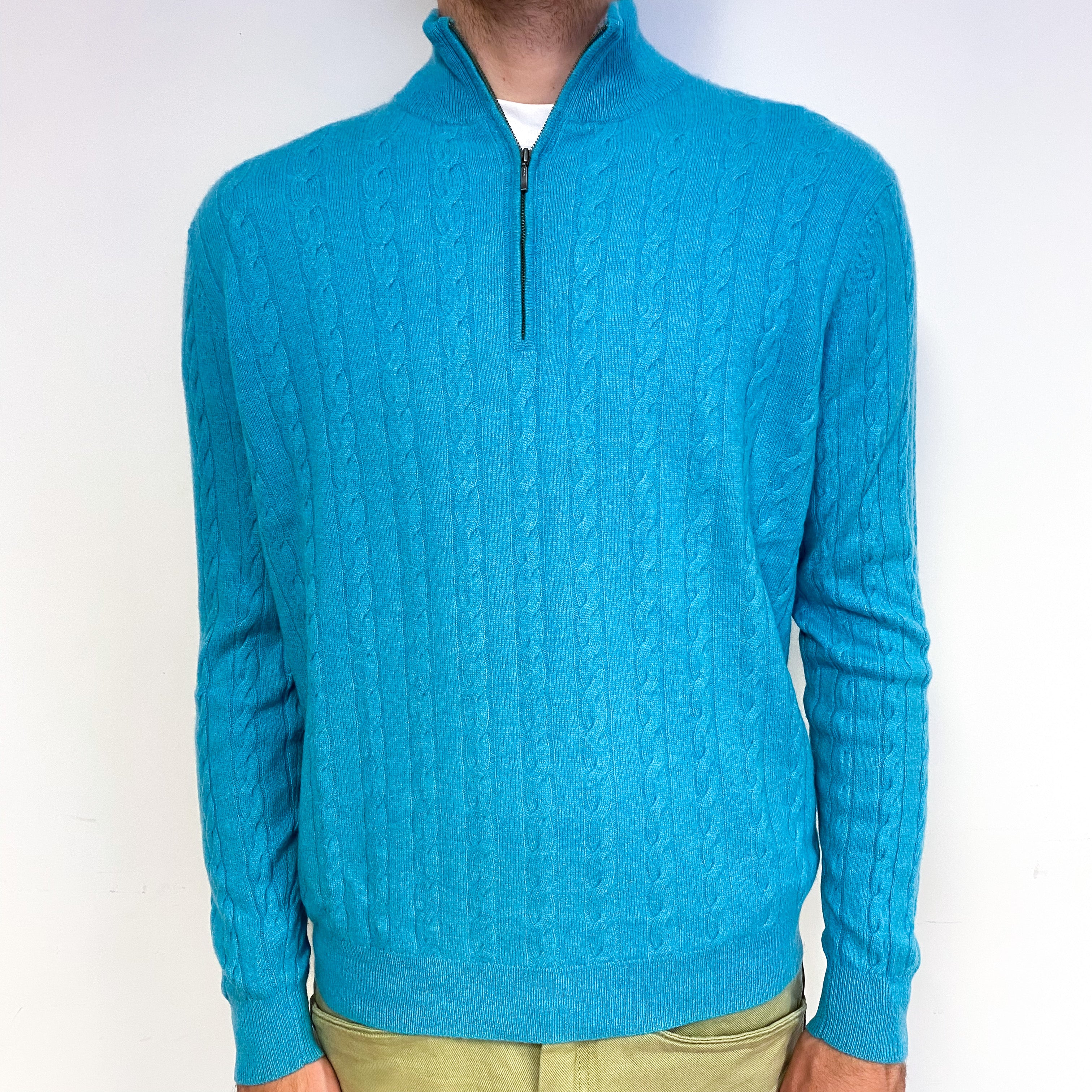 Men's Aqua Blue Cable Cashmere 1/4 Zip Jumper Large