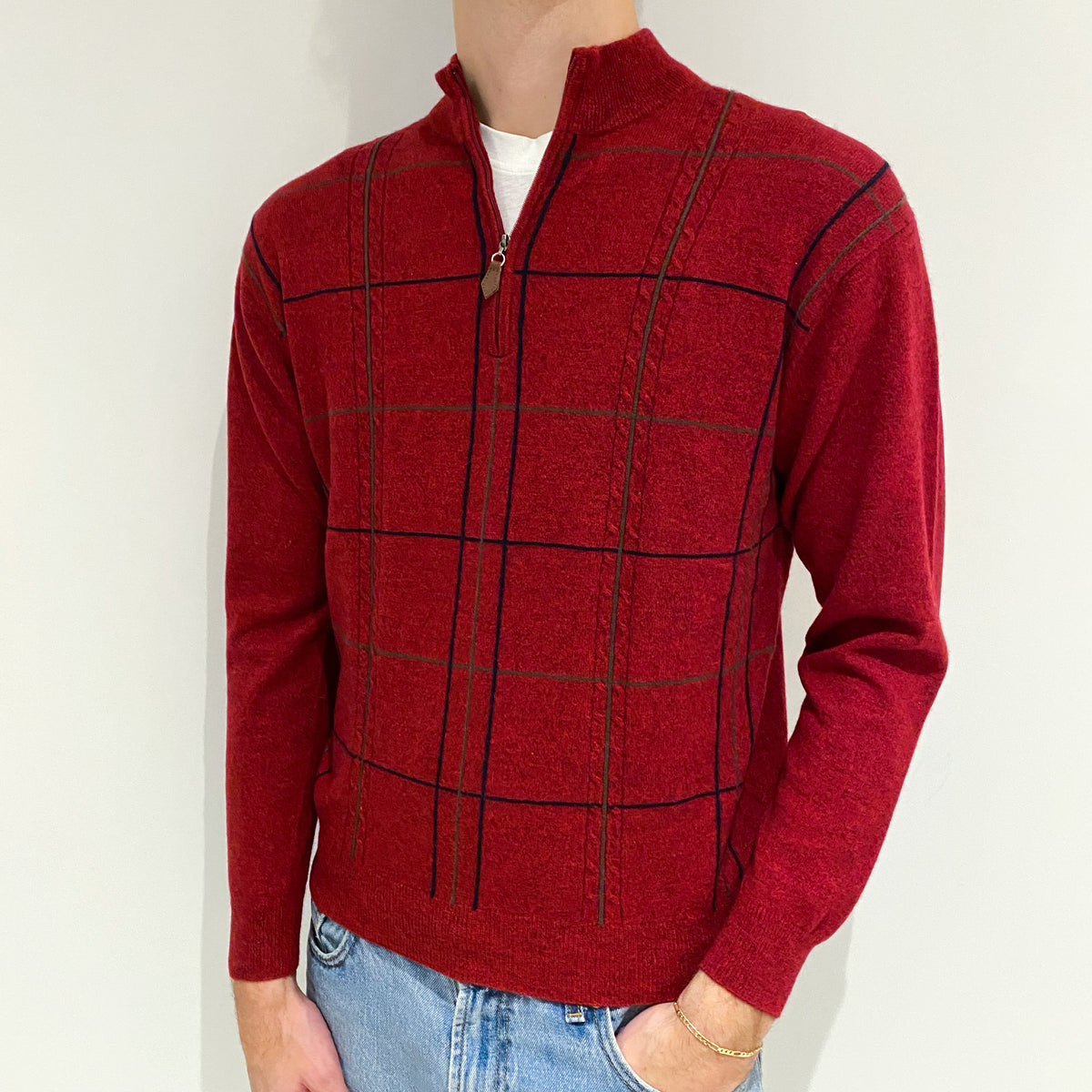 Men's Crimson Red Black Check Cashmere 1/4 Zip Jumper Large