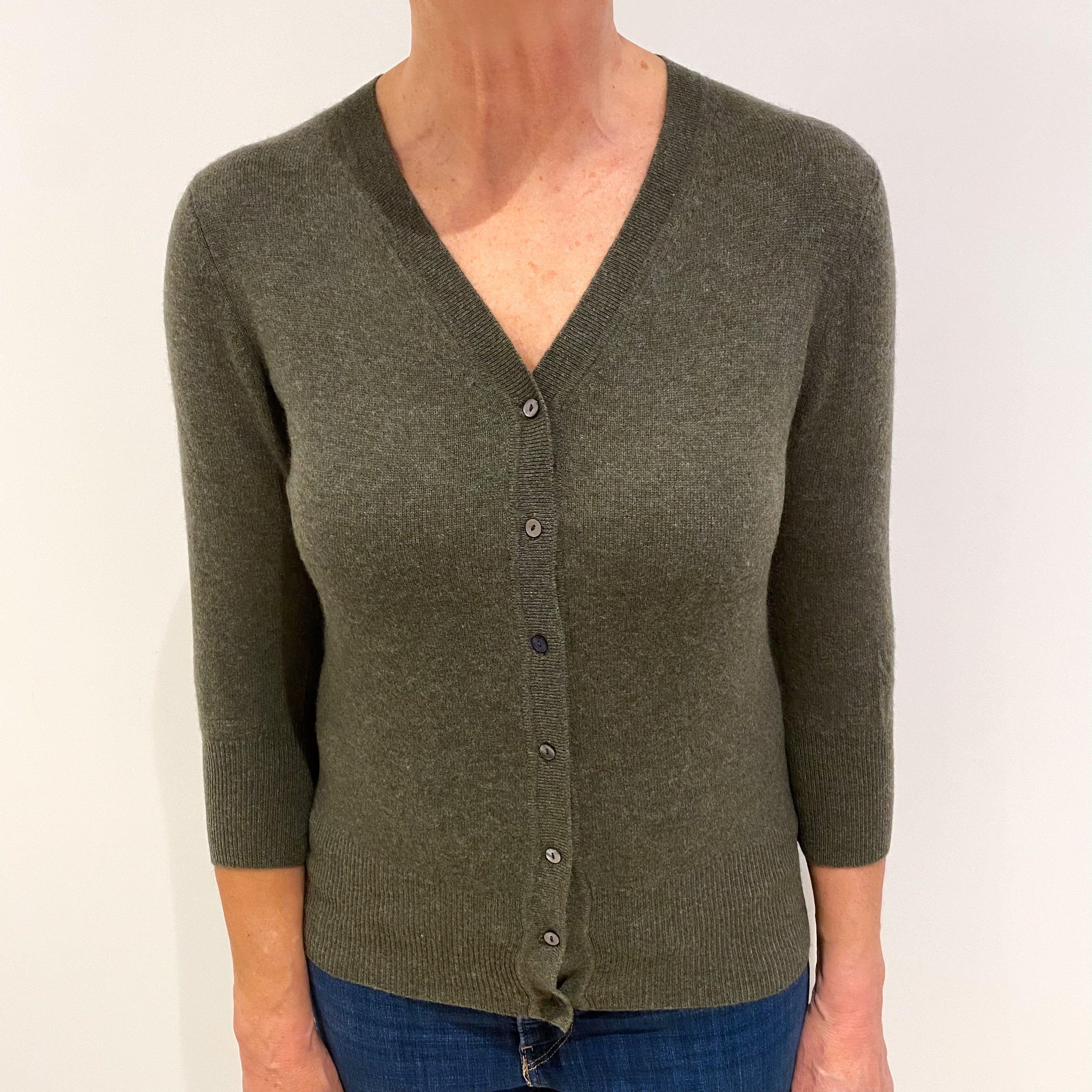 Khaki Green Cashmere V Neck Cardigan Medium