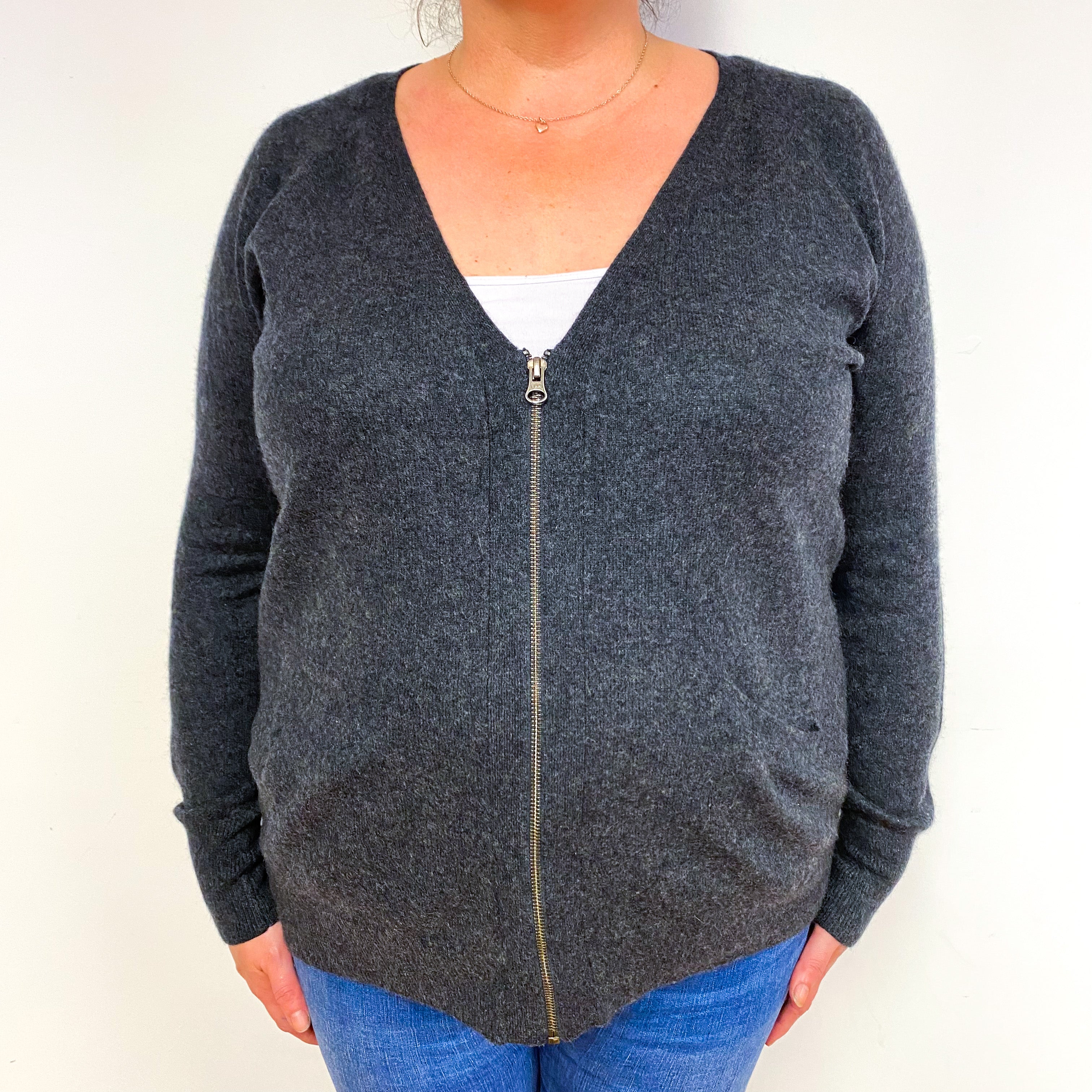 Dark Slate Grey Cashmere Zip V-Neck Cardigan Extra Large