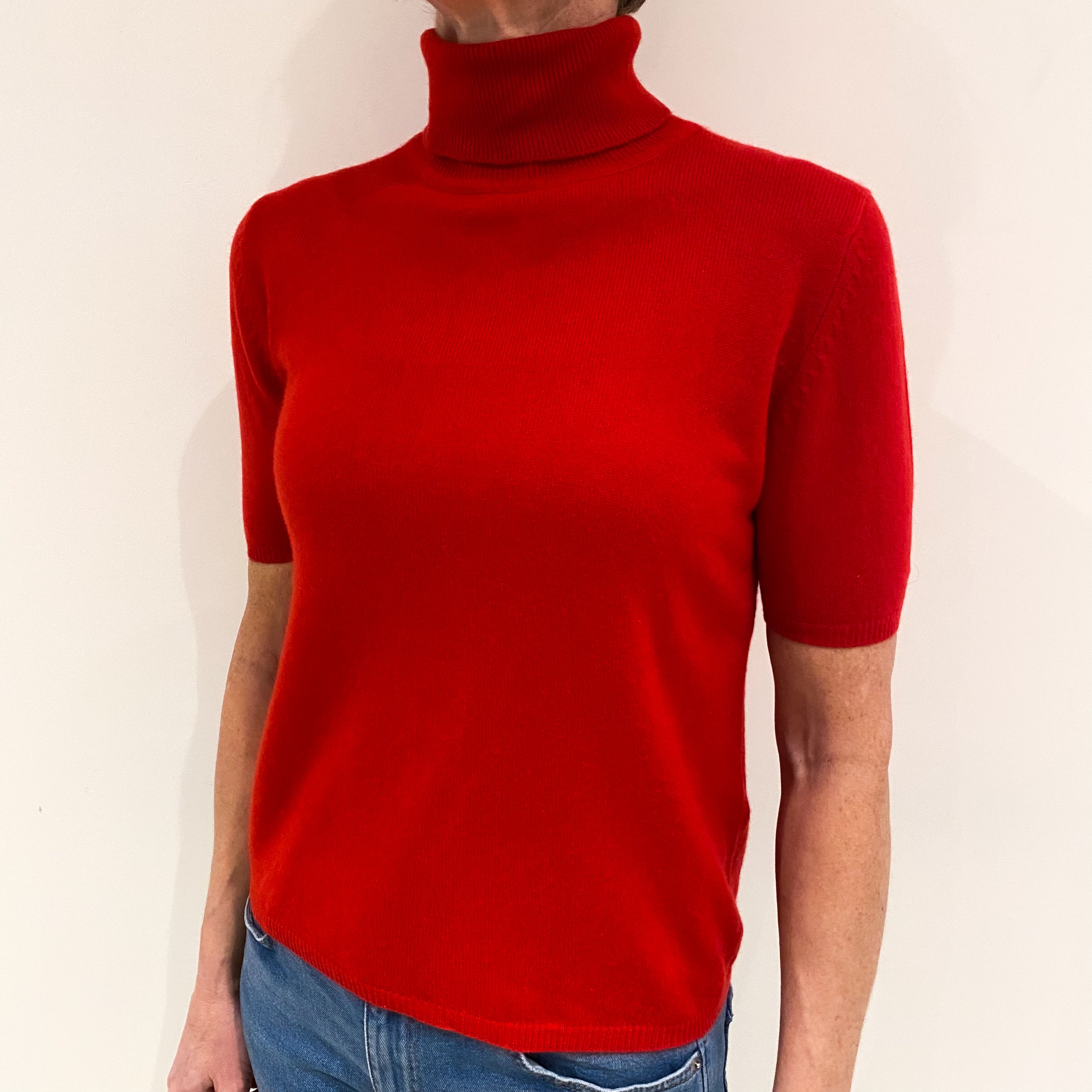 Scarlet Red Cashmere Short Sleeved Polo Neck Jumper Small