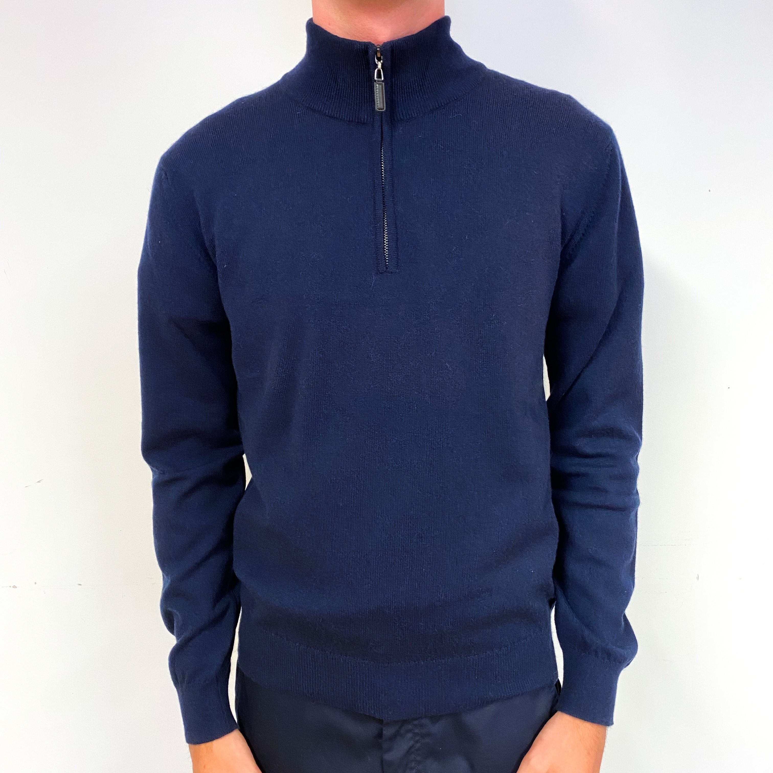 Men's Brand New Scottish Navy Blue Cashmere Quarter Zip Neck Jumper Small