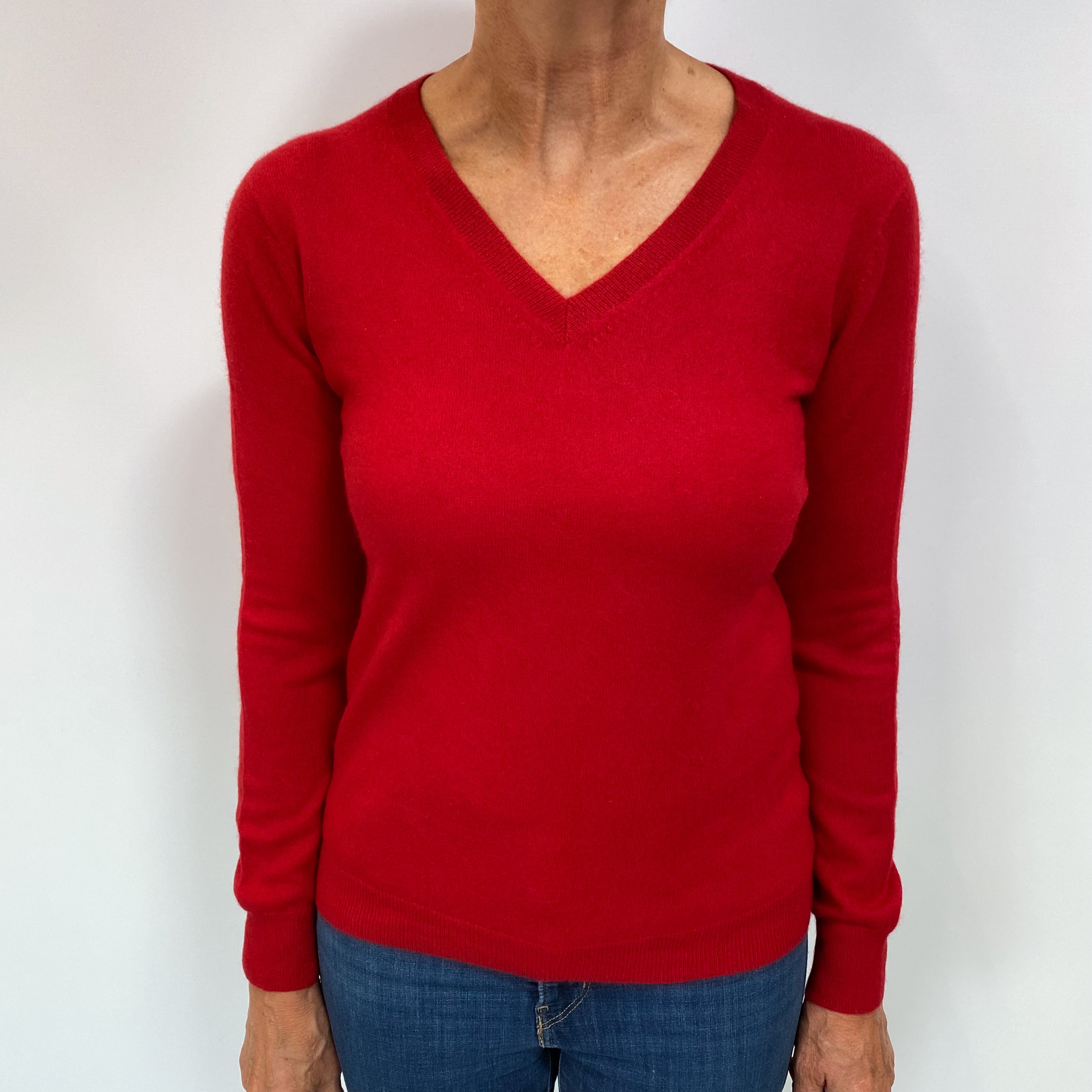 Post Box Red Cashmere V Neck Jumper Medium