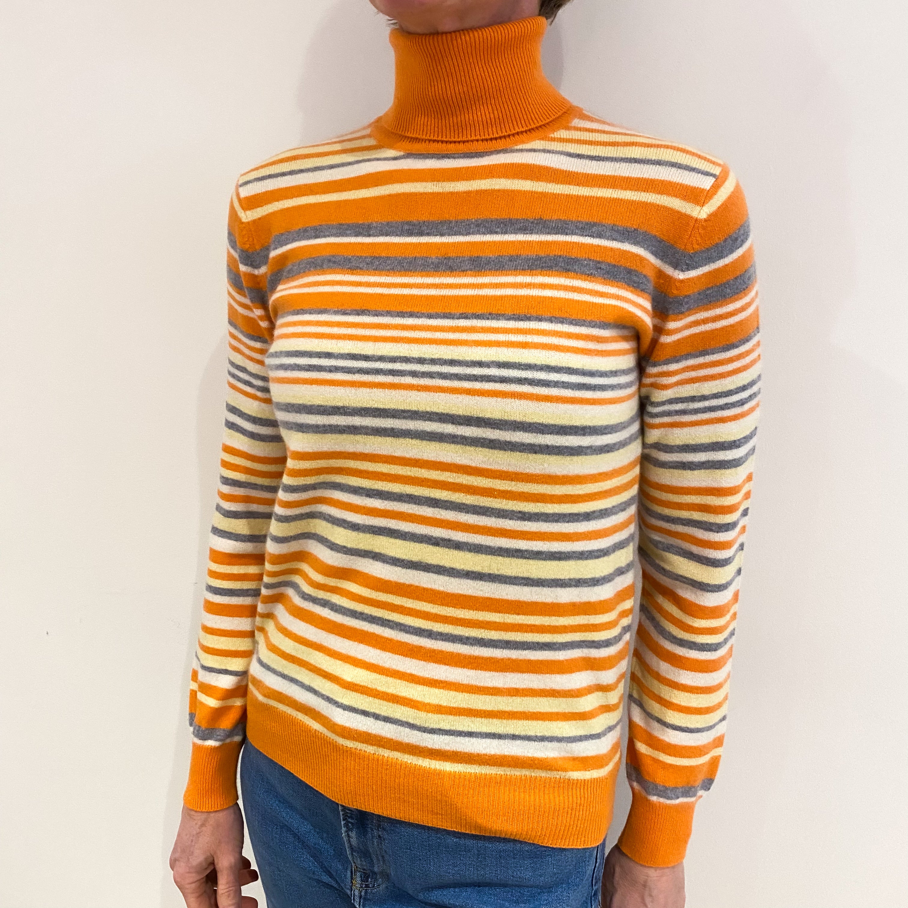 Orange Striped Cashmere Polo Neck Jumper Small