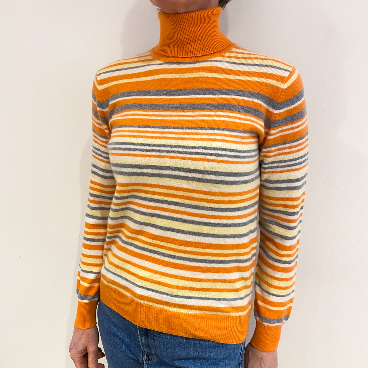Orange Striped Cashmere Polo Neck Jumper Small