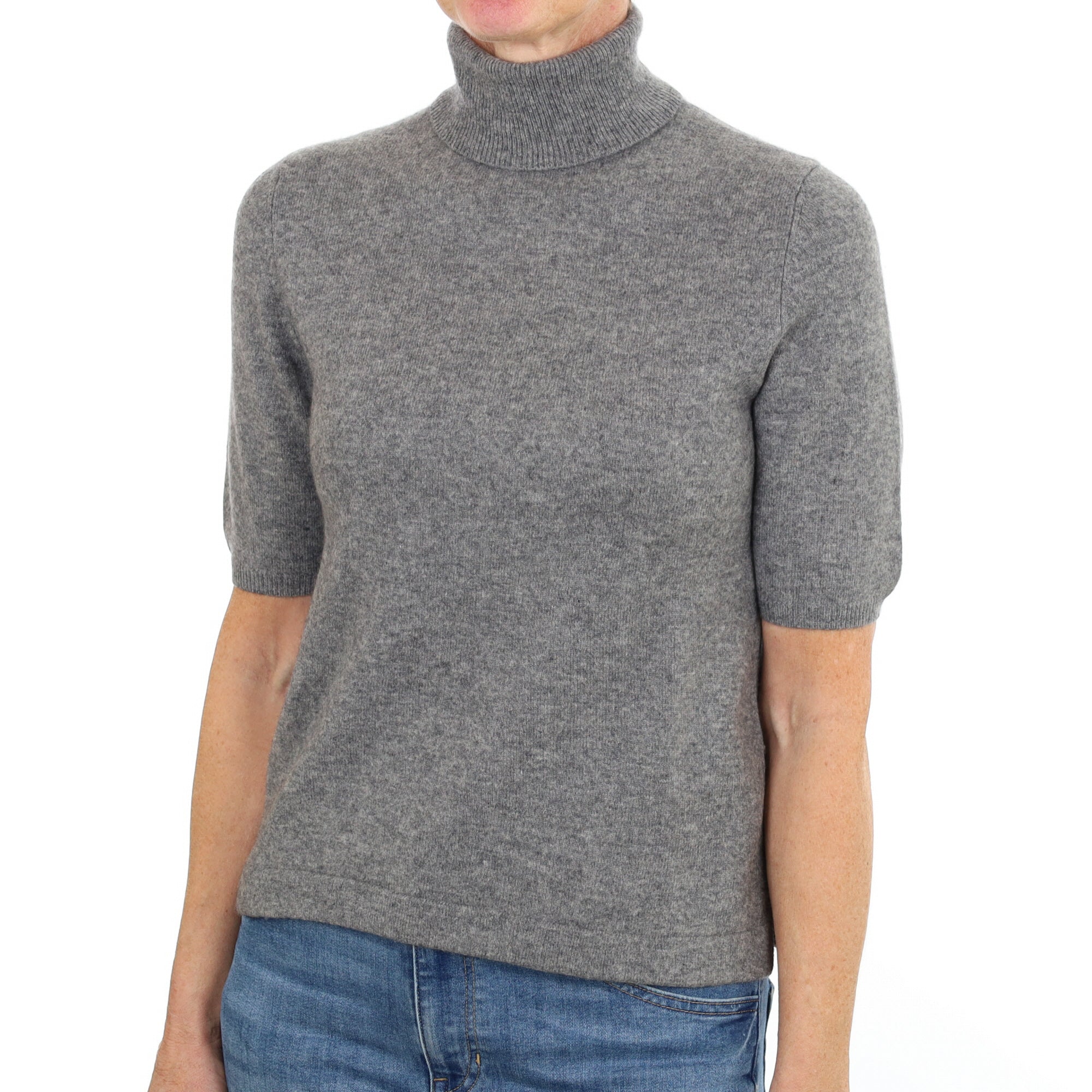 Ash Grey Cashmere Polo Neck Short Sleeved Jumper Small