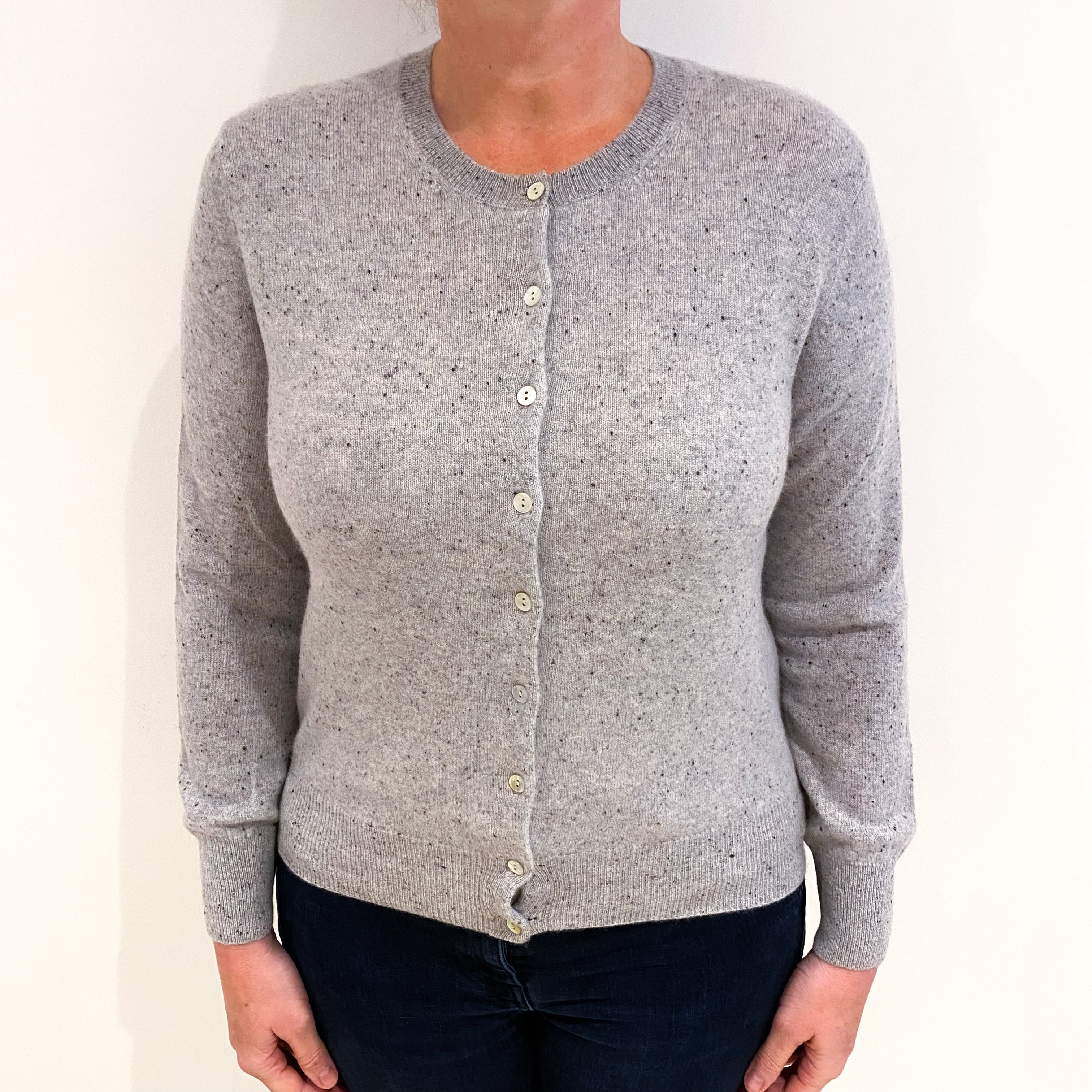 Smoke Grey Flecked Cashmere Crew Neck Cardigan Large