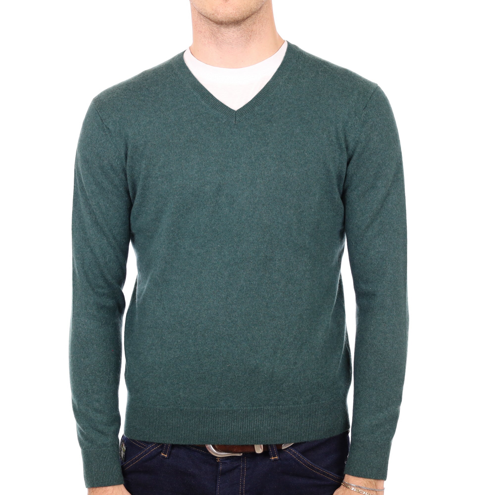 Men's Spruce Green Cashmere V Neck Jumper Medium