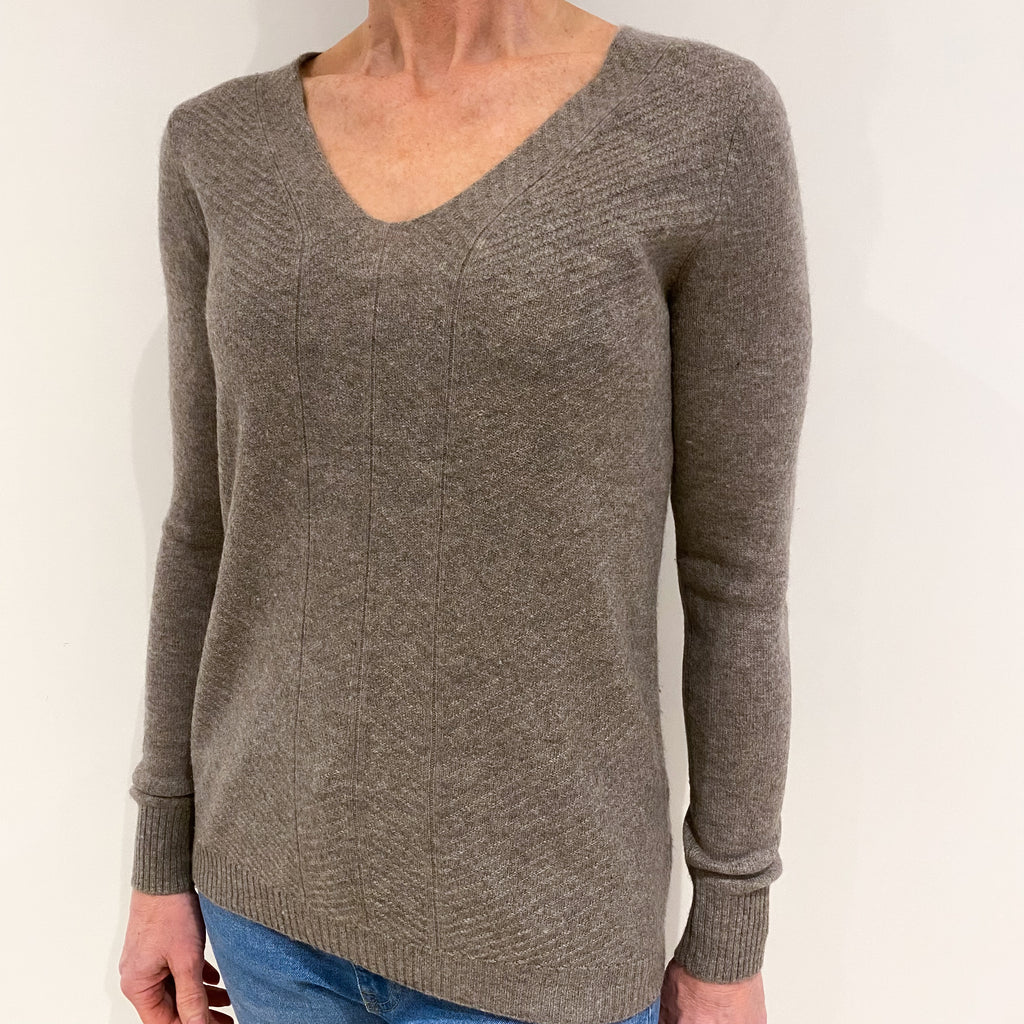 Taupe Brown Textured Knit Cashmere V Neck Jumper Small