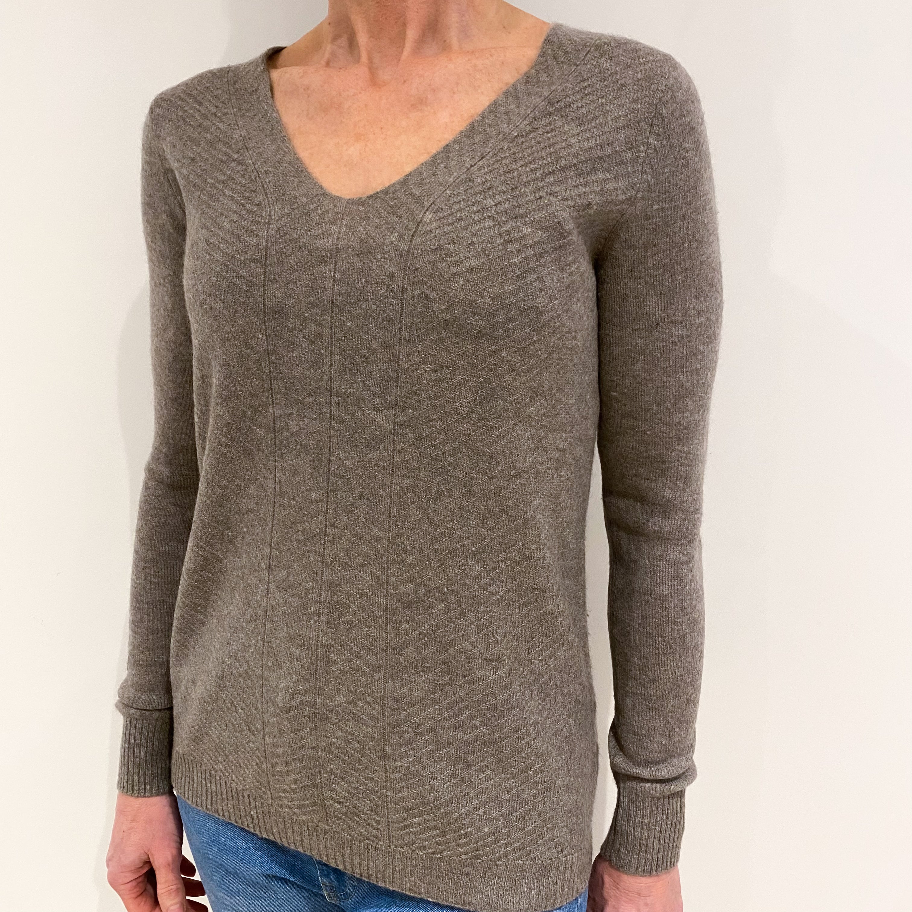 Taupe Brown Textured Knit Cashmere V Neck Jumper Small