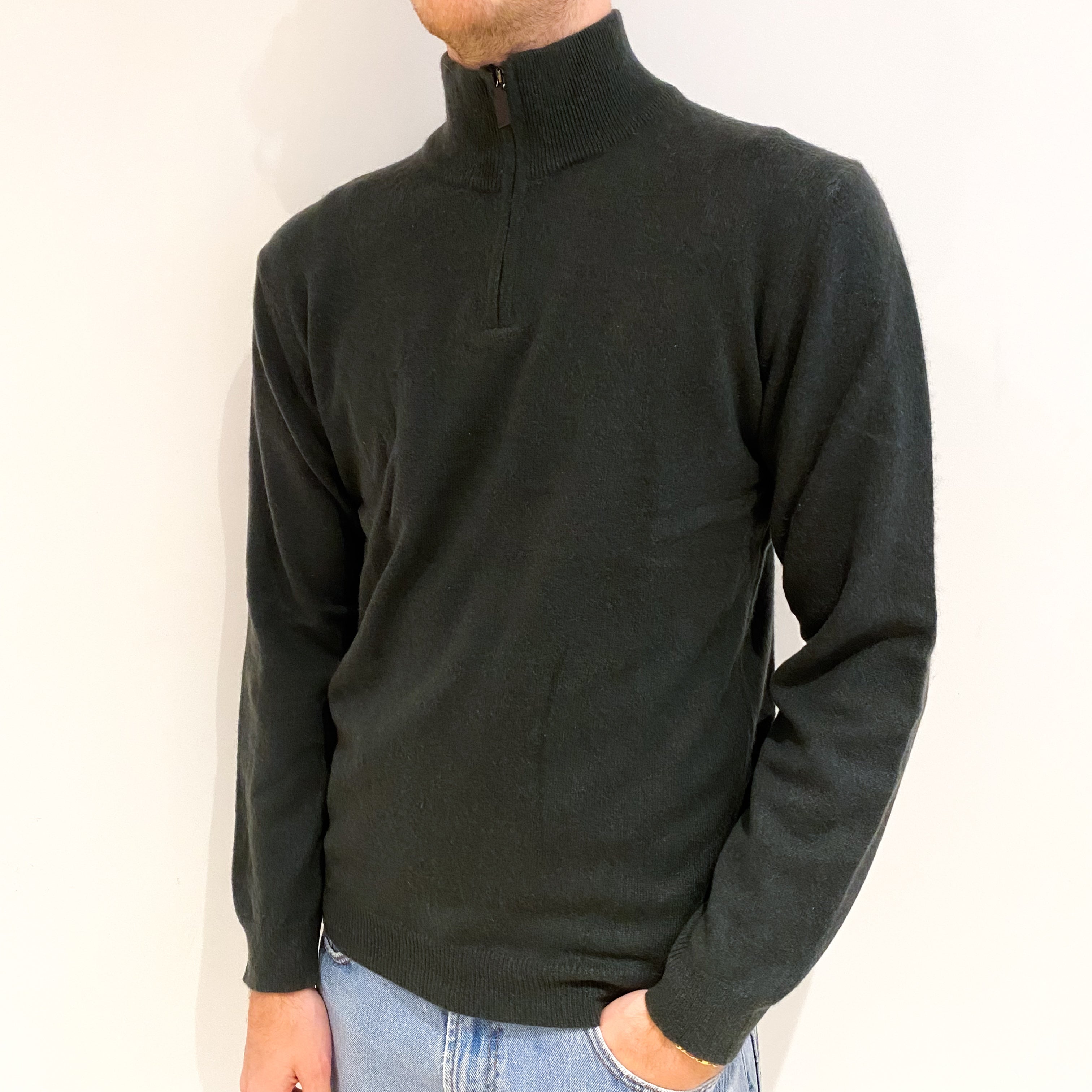 Men's Deep Khaki Green Cashmere Turtle Neck Jumper Medium