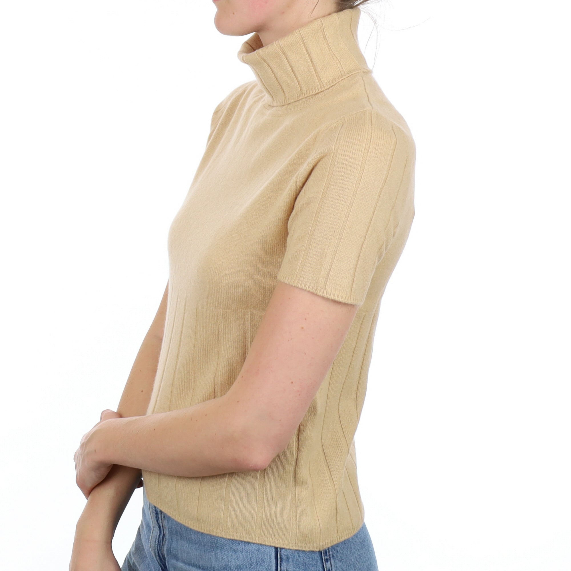 Caramel Brown Cashmere Short Sleeve Polo Neck Jumper Small