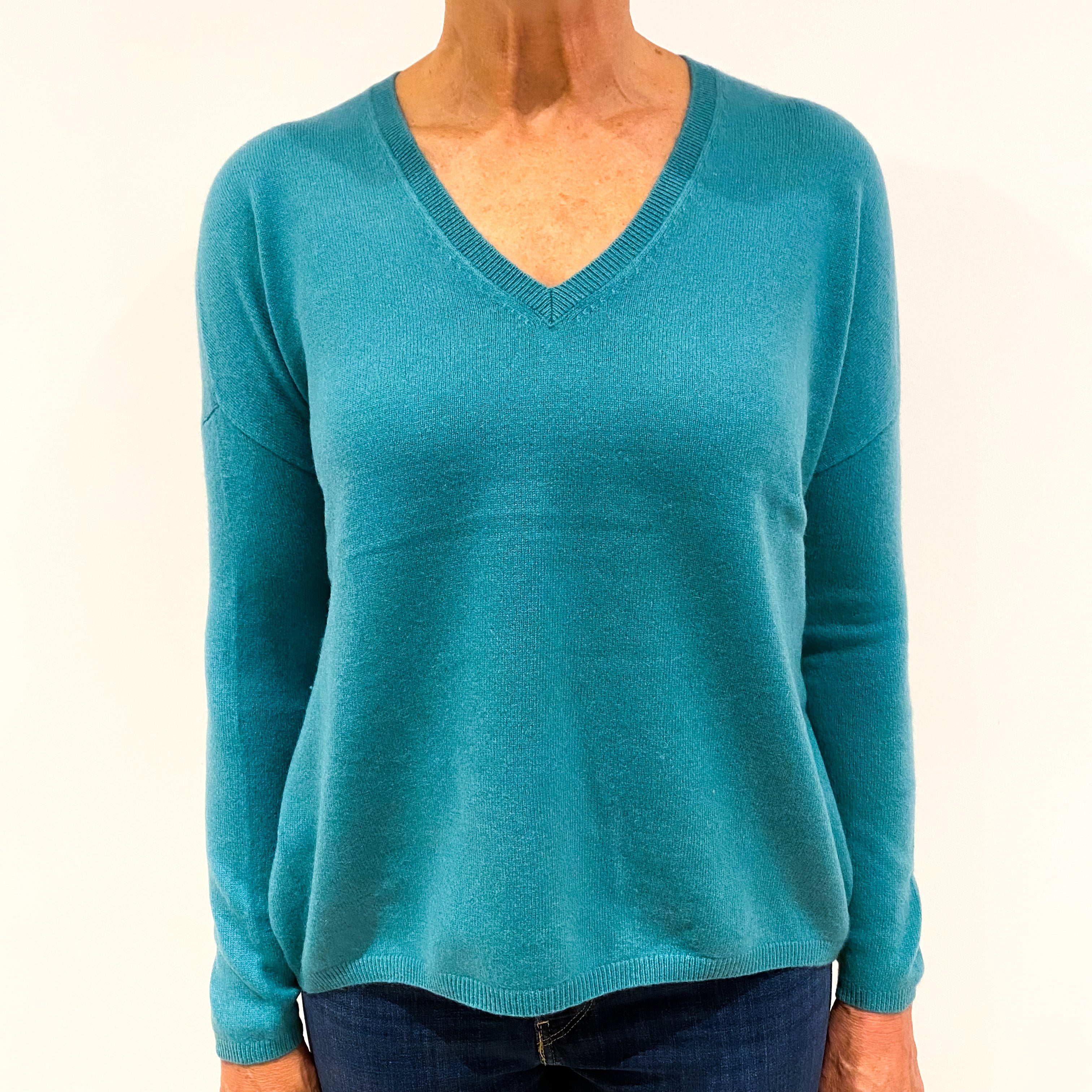 Teal Green Slouchy Cashmere V-Neck Jumper Mediun