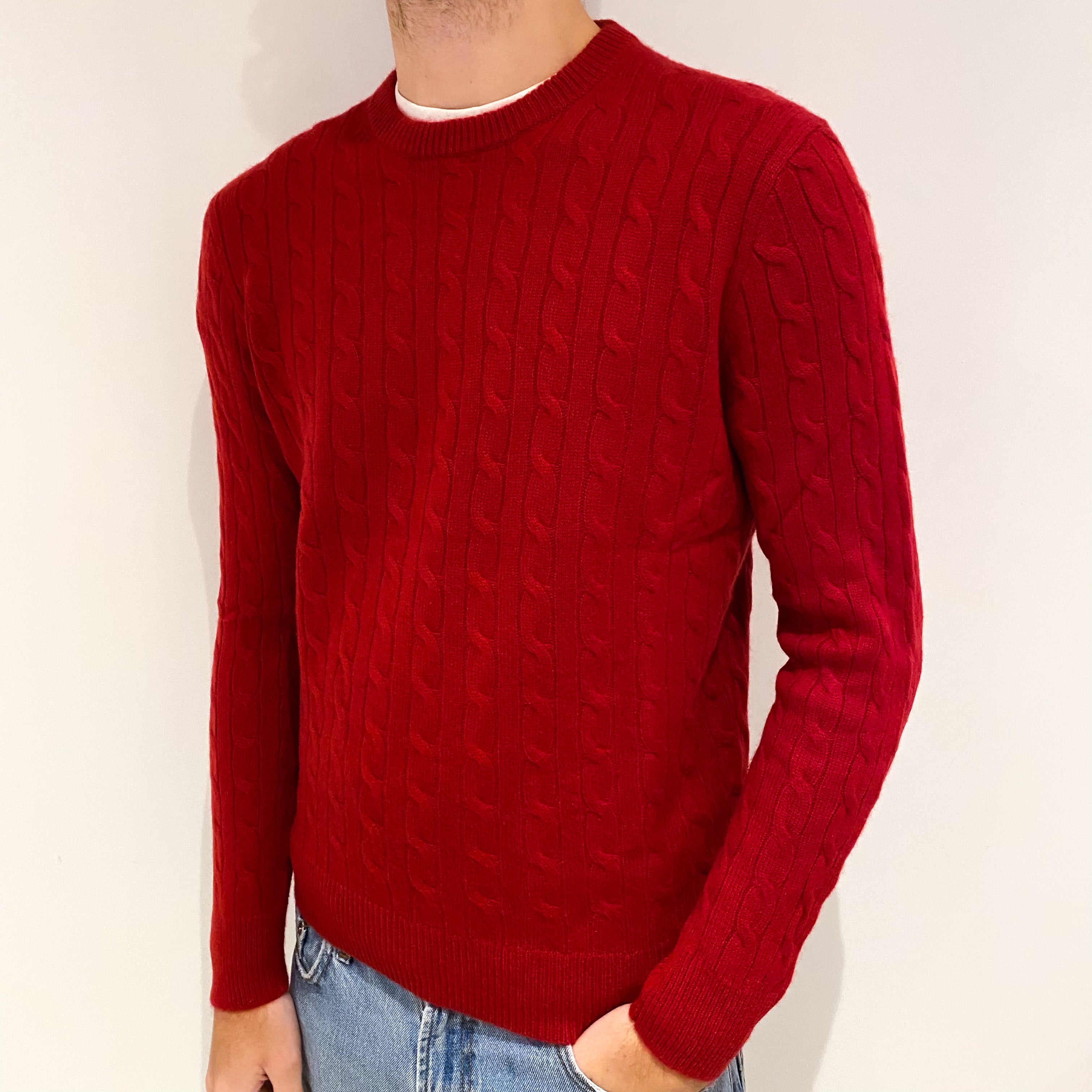 Men's Red Cashmere Crew Neck Jumper Large