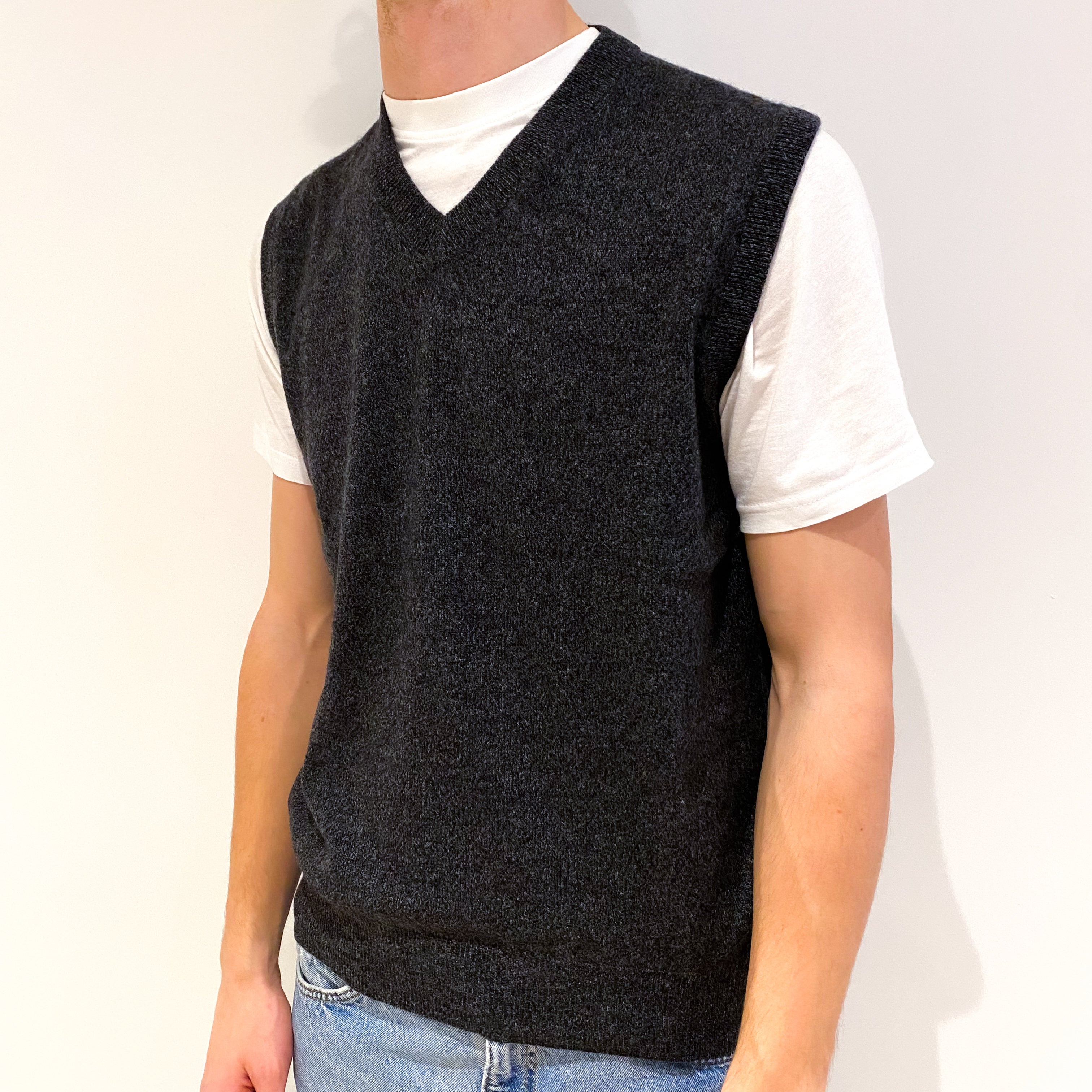 Men's Charcoal Grey Marl Cashmere V-Neck Tank Top Medium