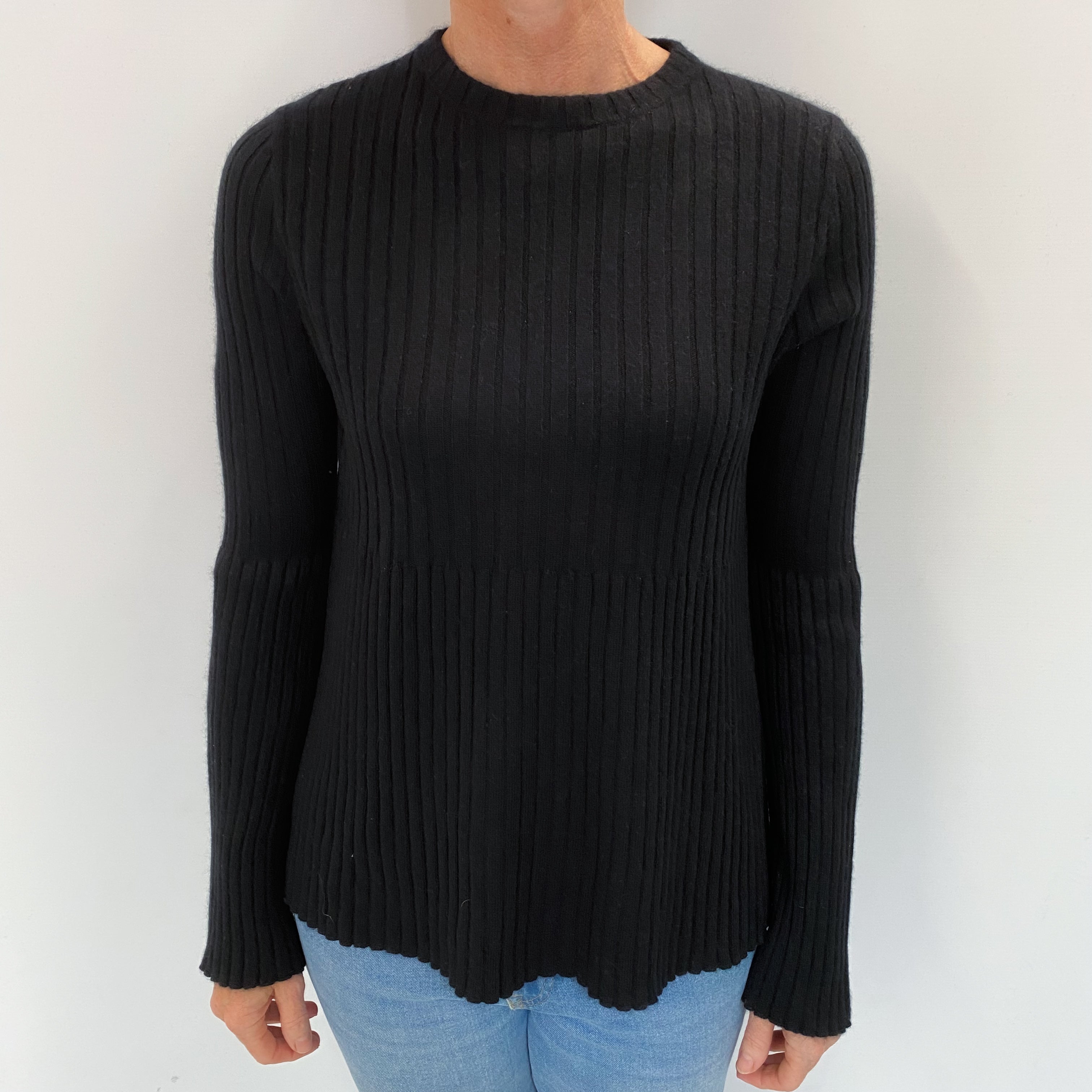 Black Cashmere Crew Neck Ribbed Knit Jumper Small