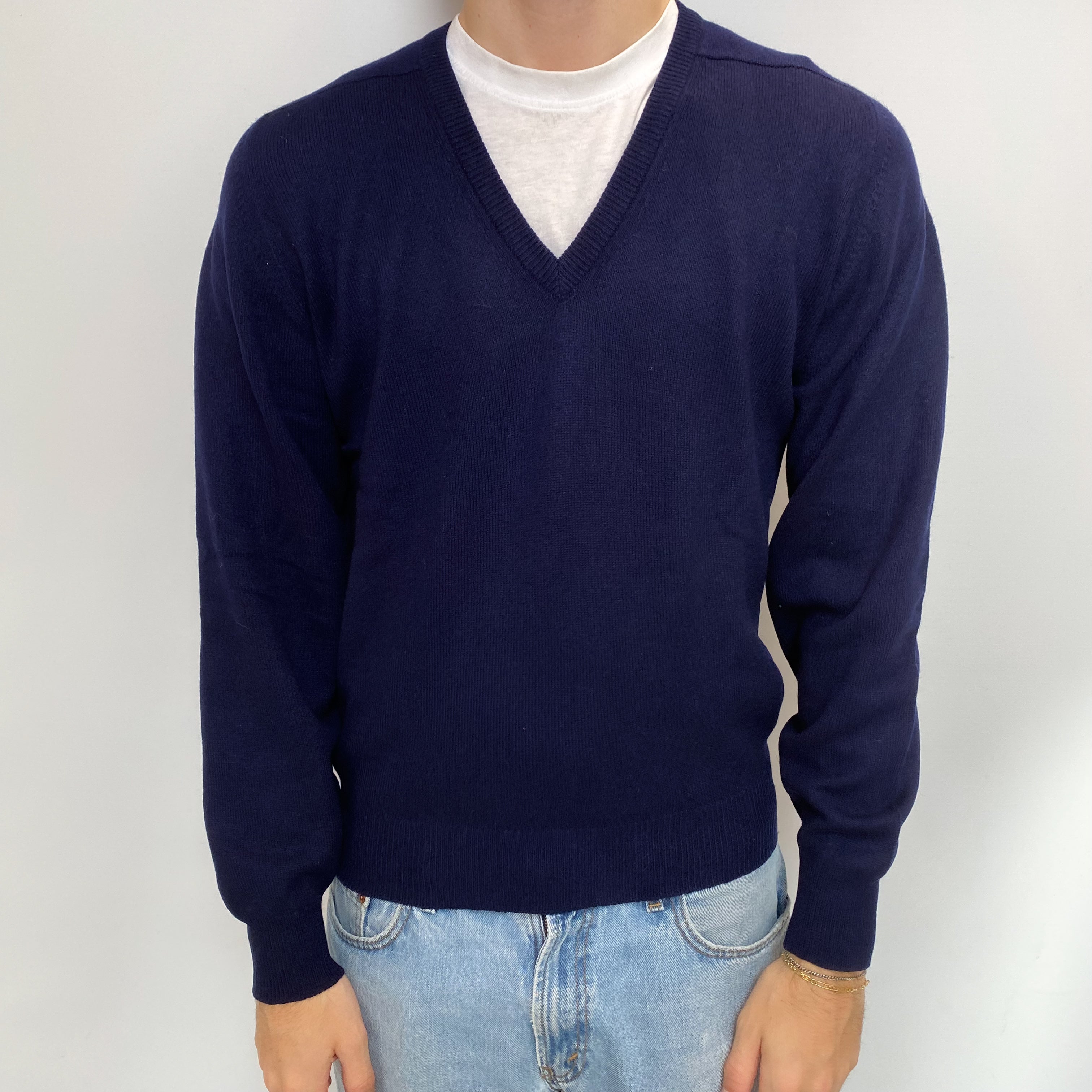 Men's Navy Blue Cashmere V Neck Jumper Medium
