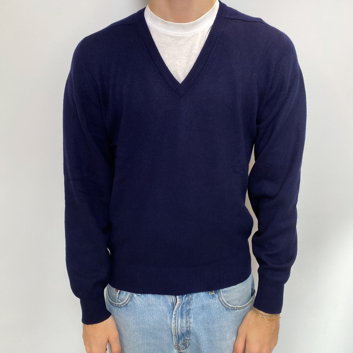 Men's Navy Blue Cashmere V Neck Jumper Medium