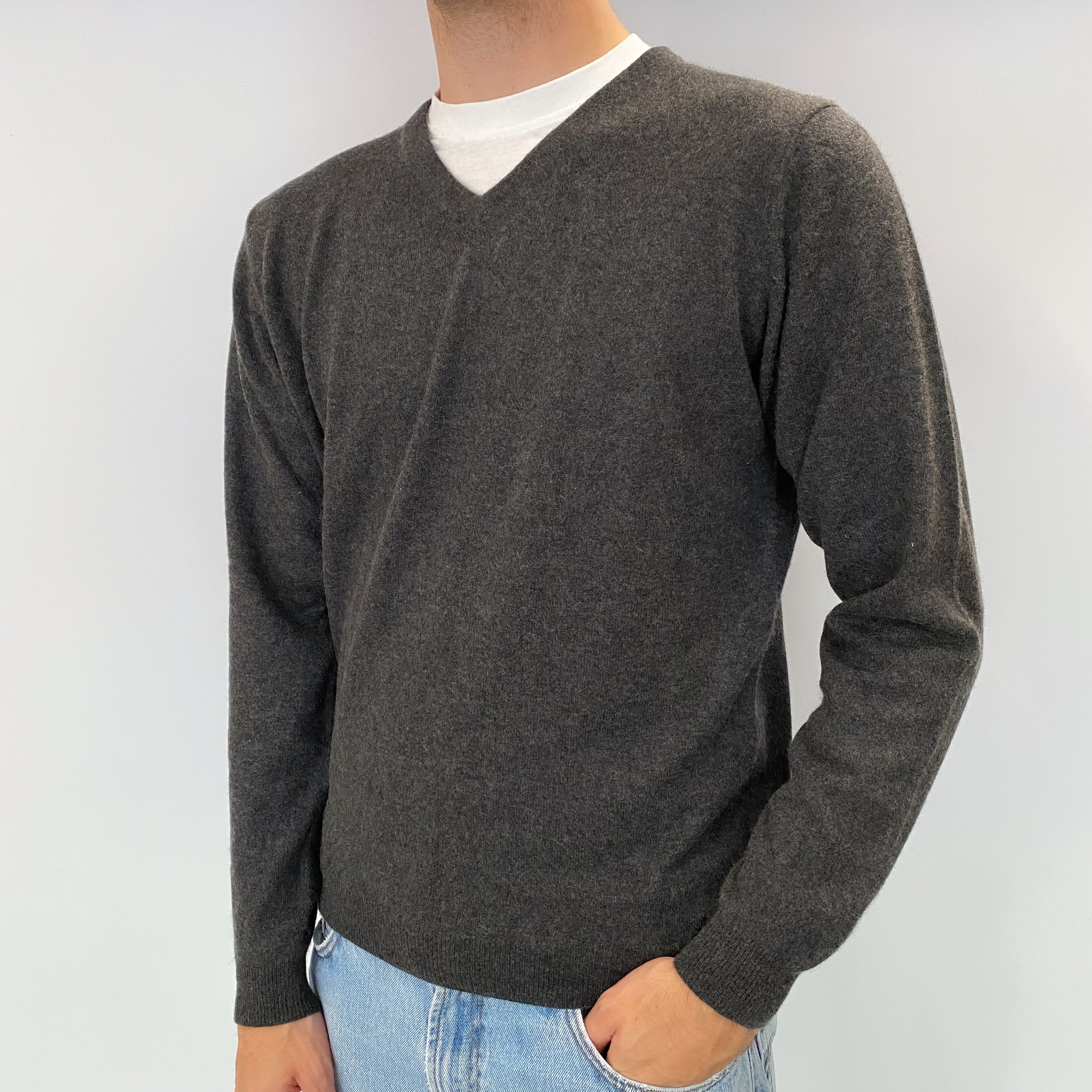 Men's Dark Slate Grey Cashmere V Neck Jumper Medium