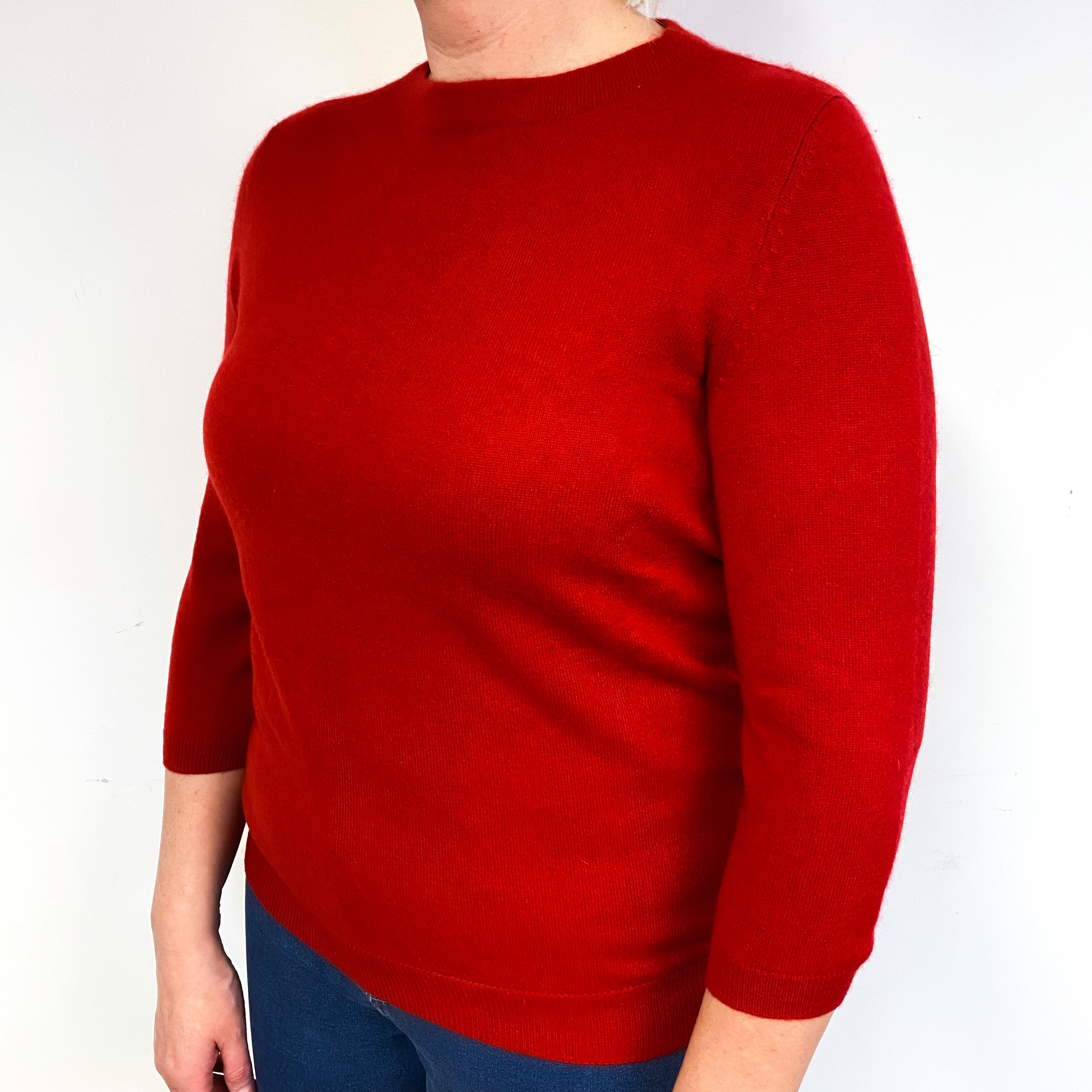 Post Box Red 3/4 Sleeve Cashmere Crew Neck Jumper Large/Petite