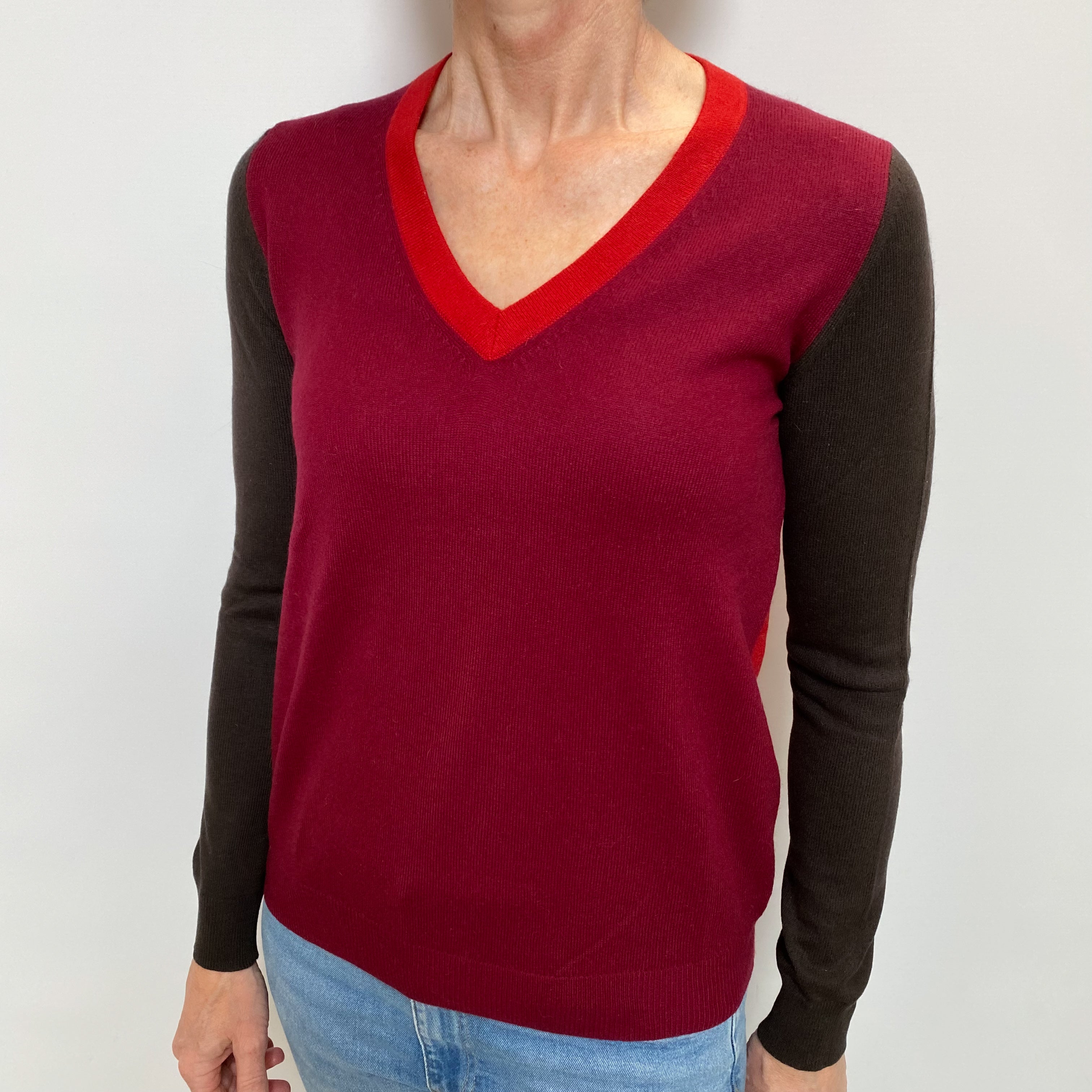 Burgundy Colour Block Cashmere V Neck Jumper Small