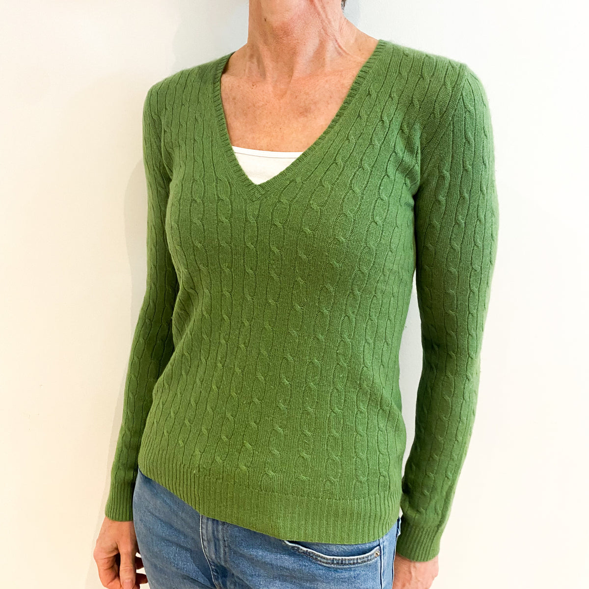 Pear Green Cashmere V Neck Jumper Small