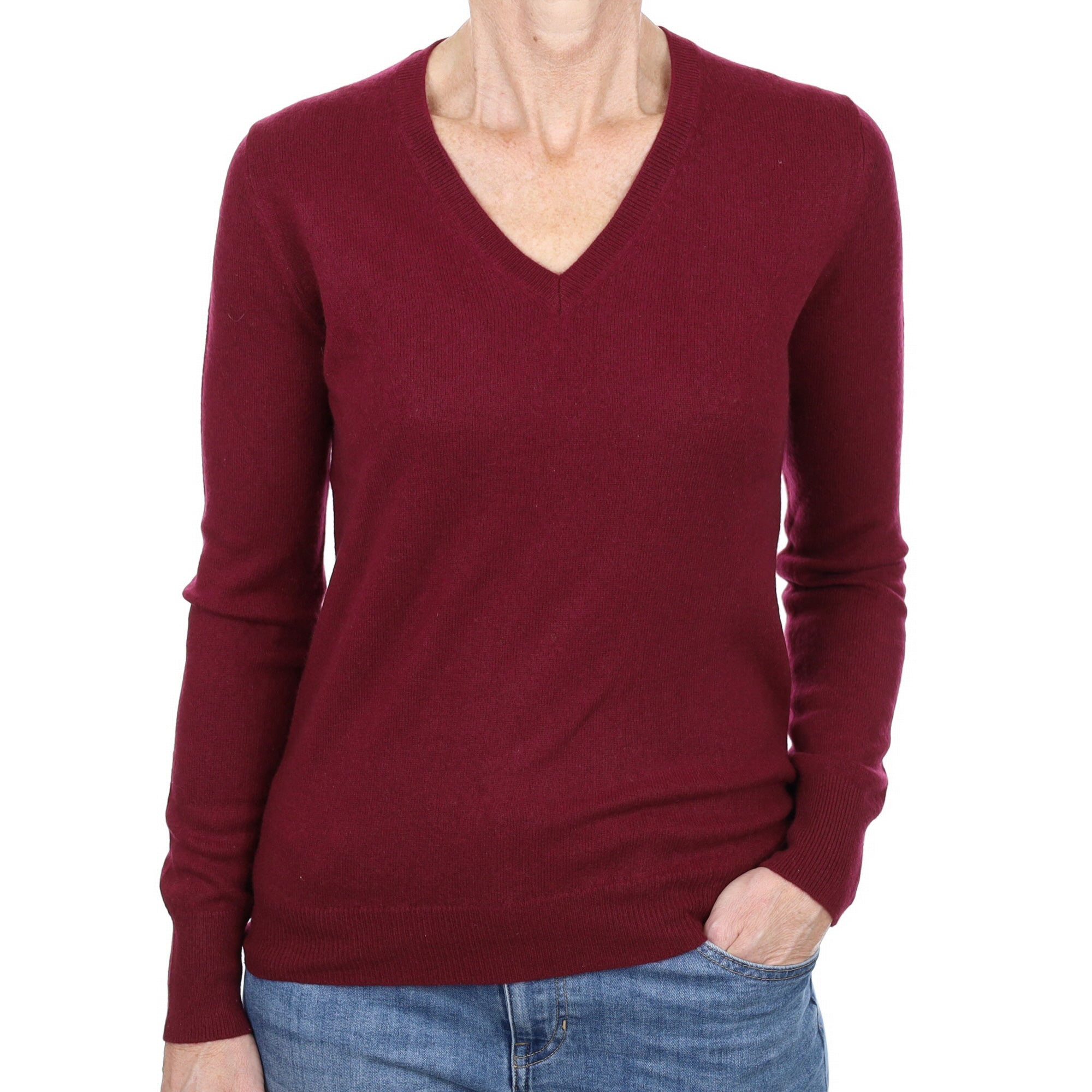 Wine Red Cashmere V Neck Jumper Small