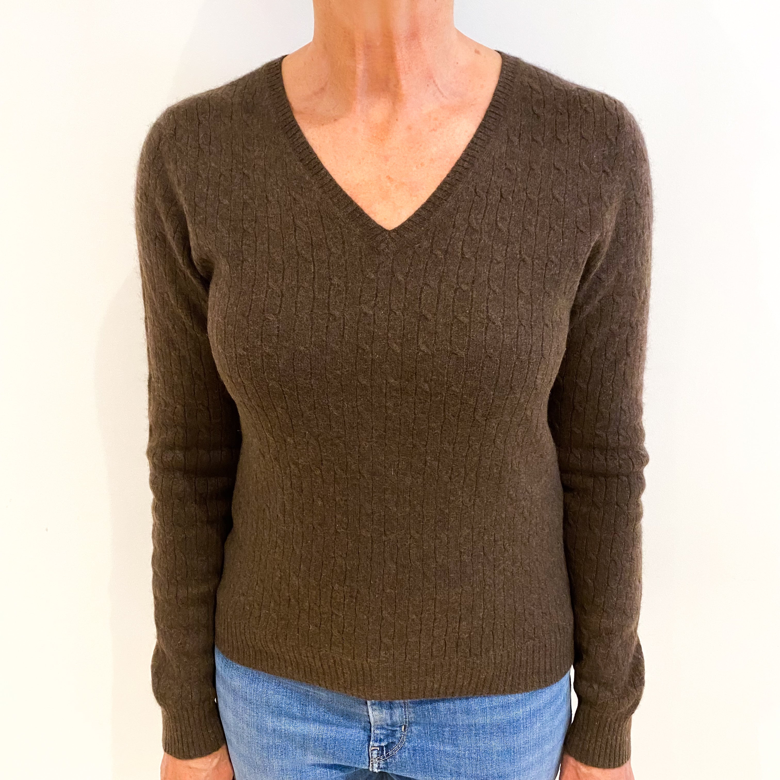 Chocolate Brown Cashmere V Neck Jumper Medium