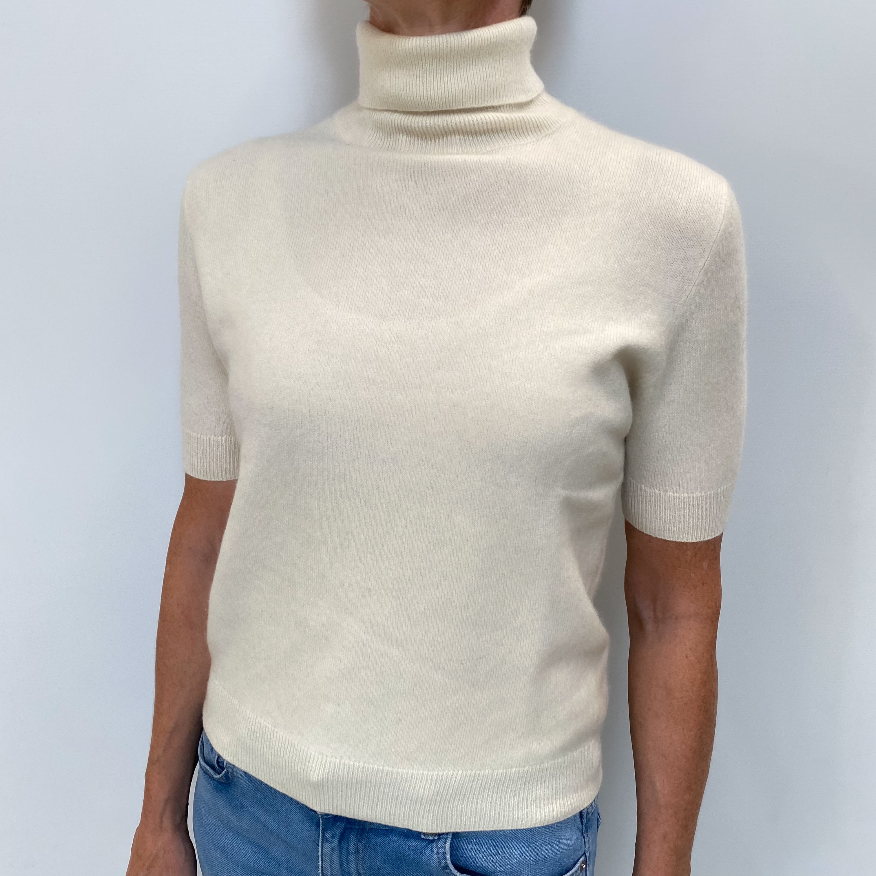 Cream Cashmere Short Sleeved Polo Neck Jumper Small