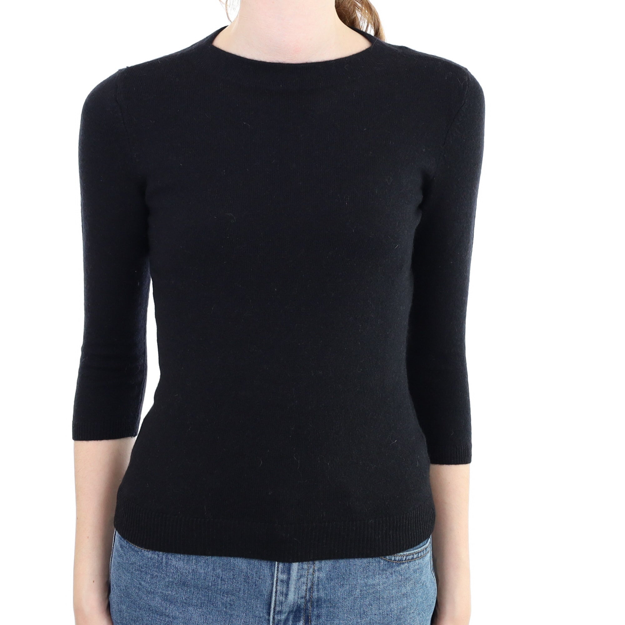 Black Cashmere 3/4 Sleeve High Crew Neck Jumper Extra Small