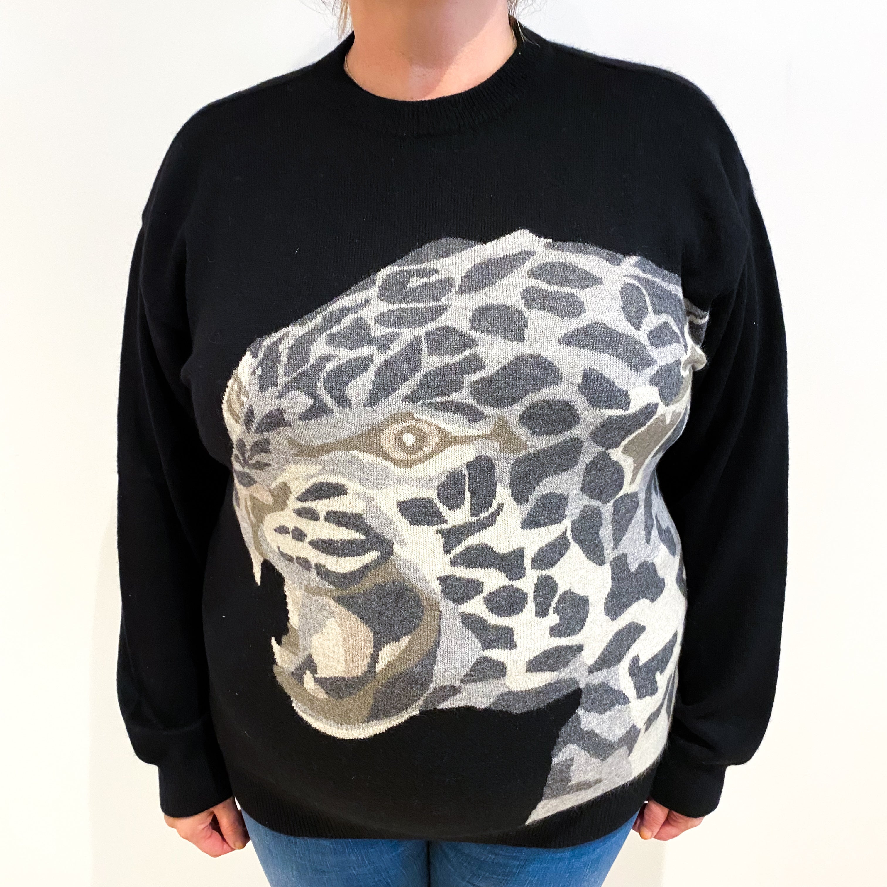 Black Wild Cat Cashmere Crew Neck Jumper Extra Large