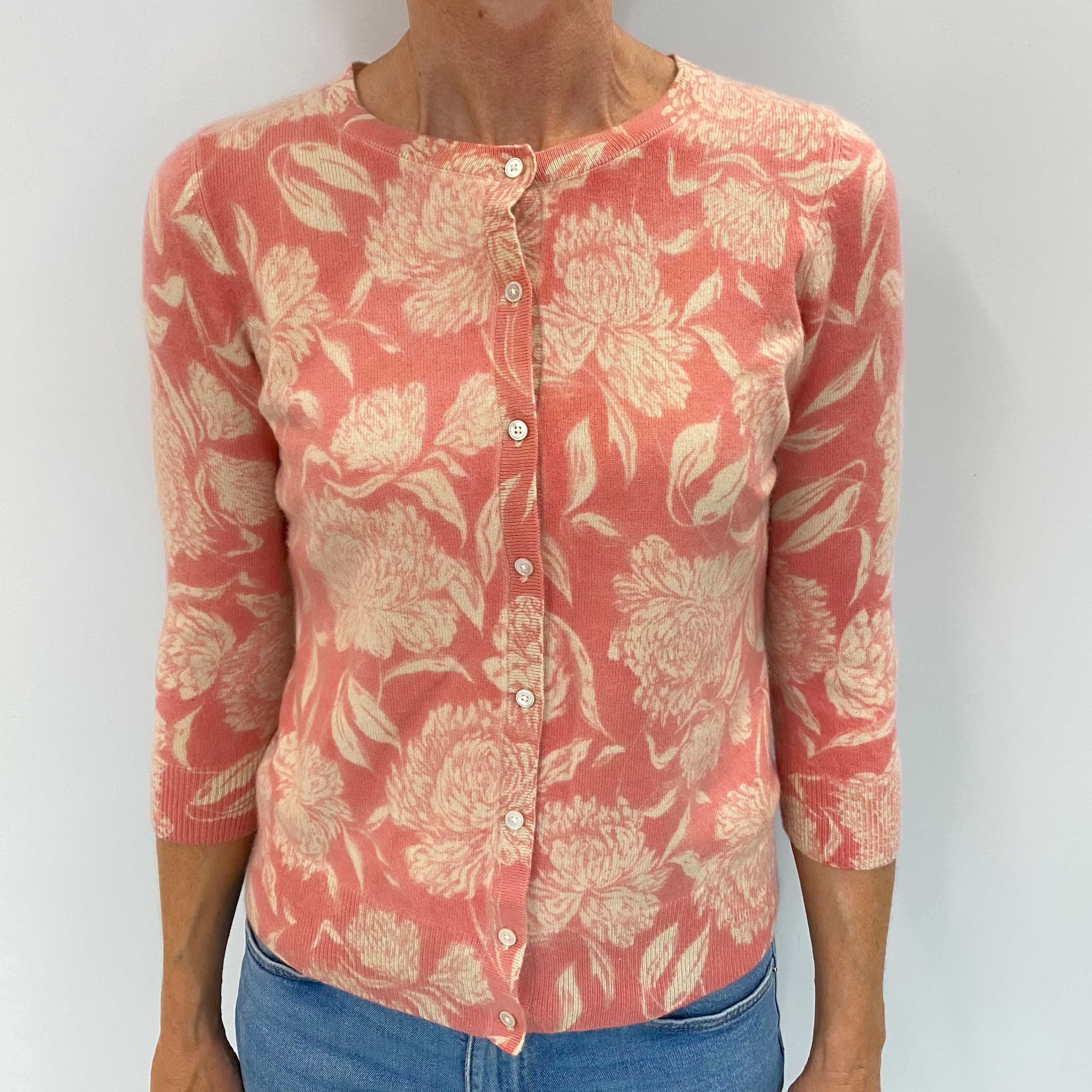 Pink Floral Cashmere Crew Neck Cardigan Small