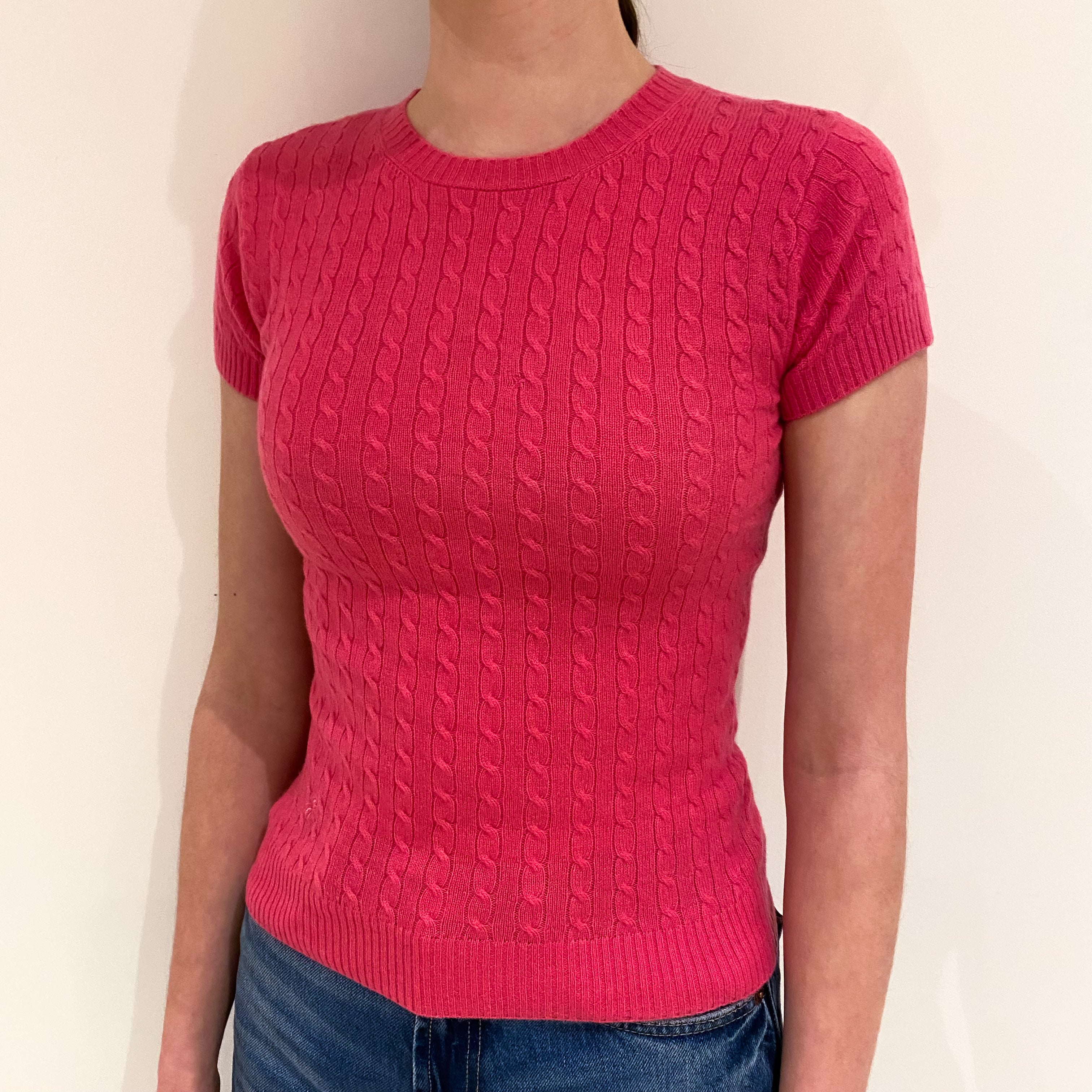Rose Pink Cable Cashmere Short Sleeved Crew Neck Jumper Extra Small